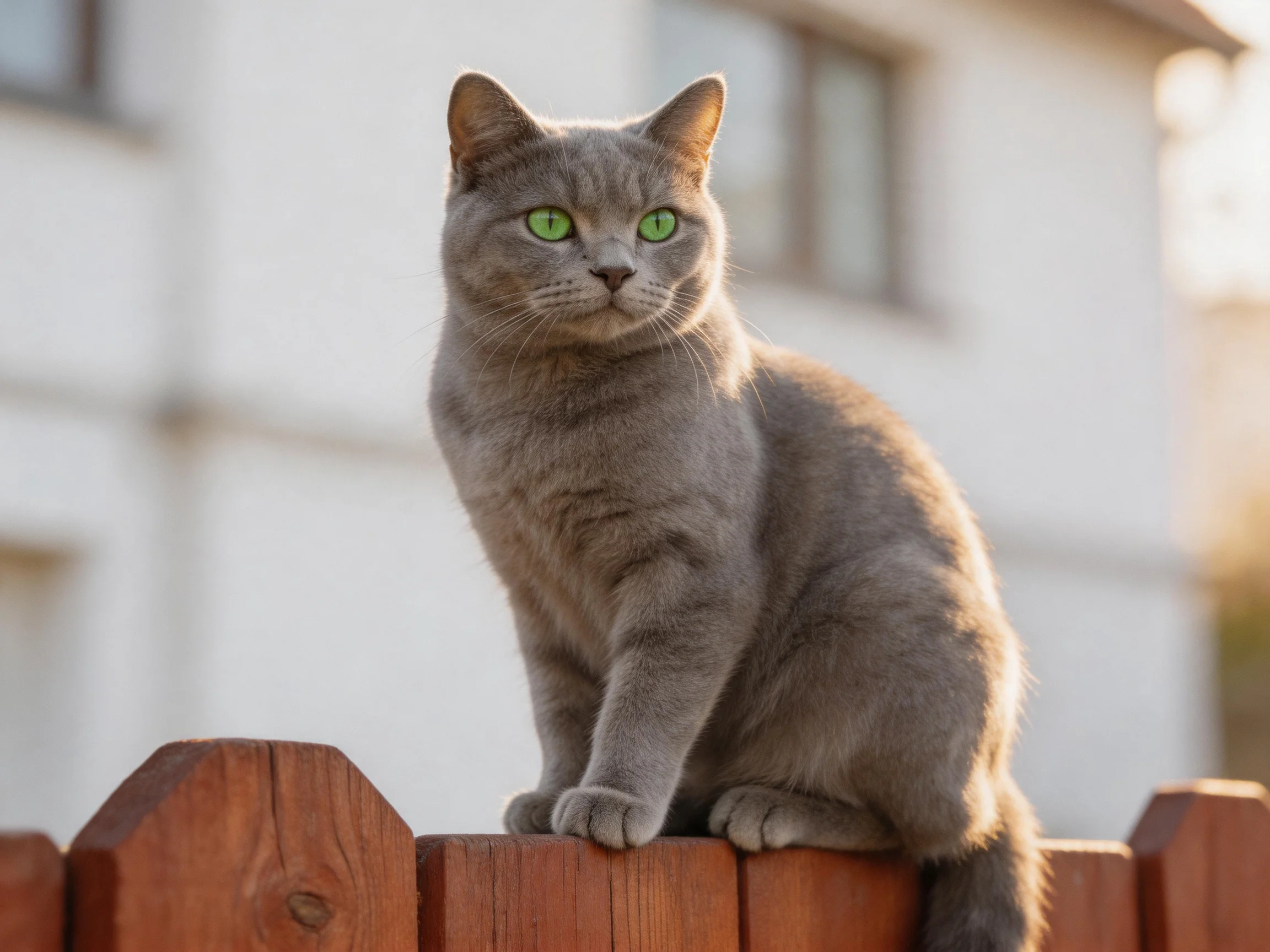A gray cat with green eyes sits on a wooden fence outside near a house.