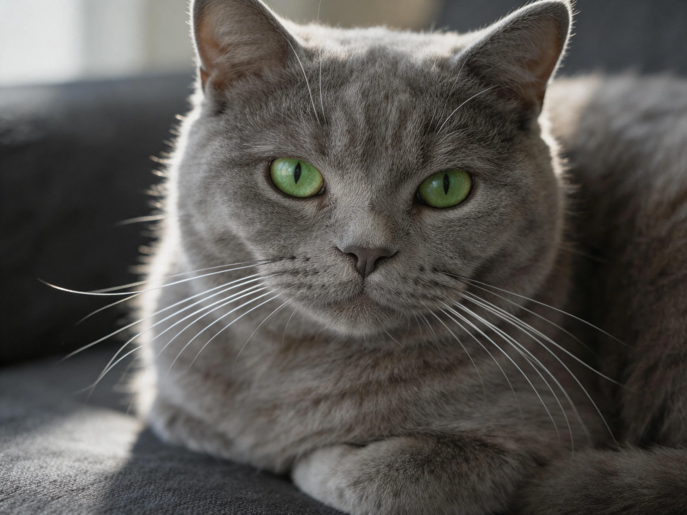 A gray cat with green eyes rests calmly on a dark couch.