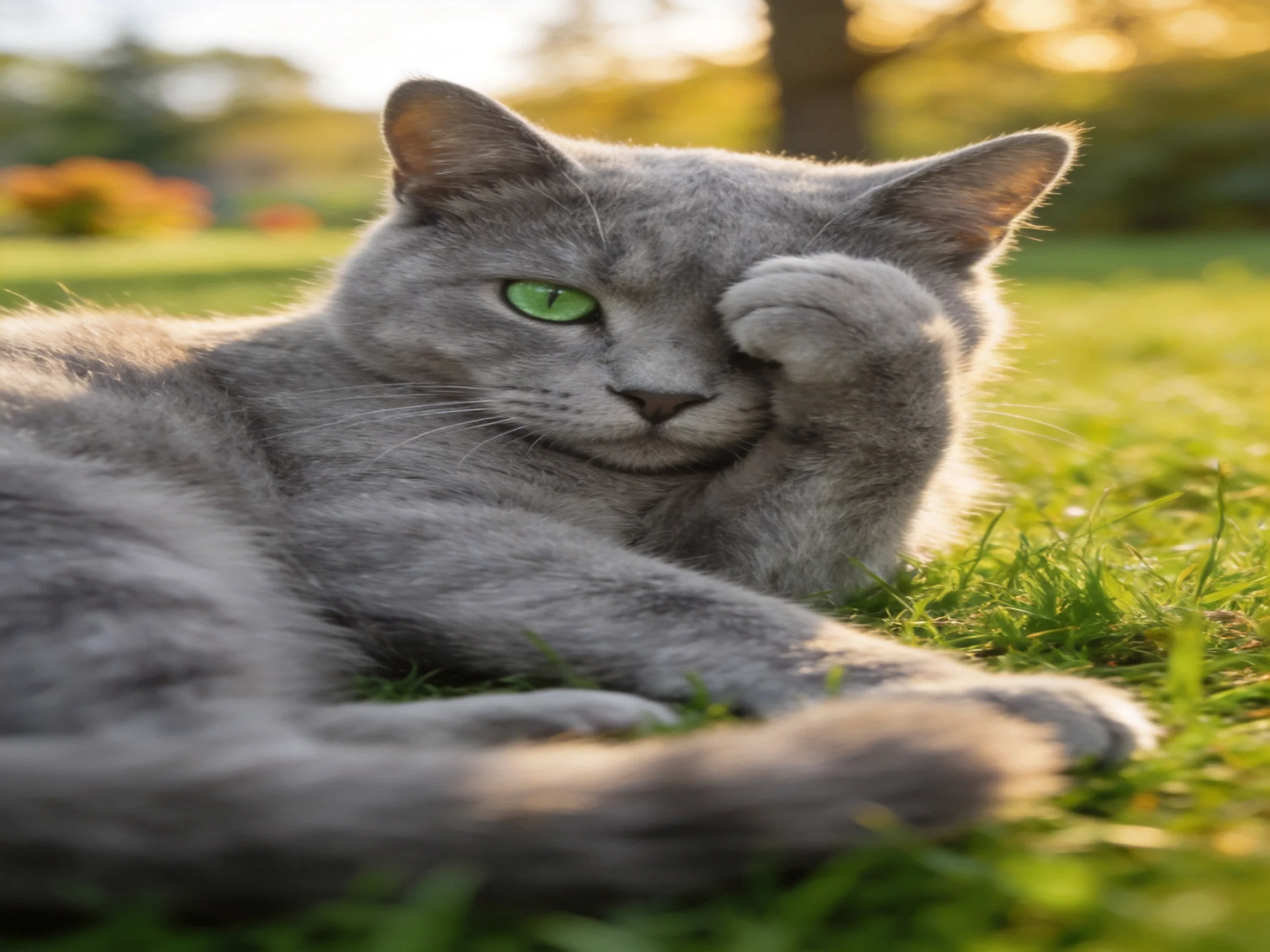 A gray cat with green eyes relaxes on grass in a sunlit outdoor setting.