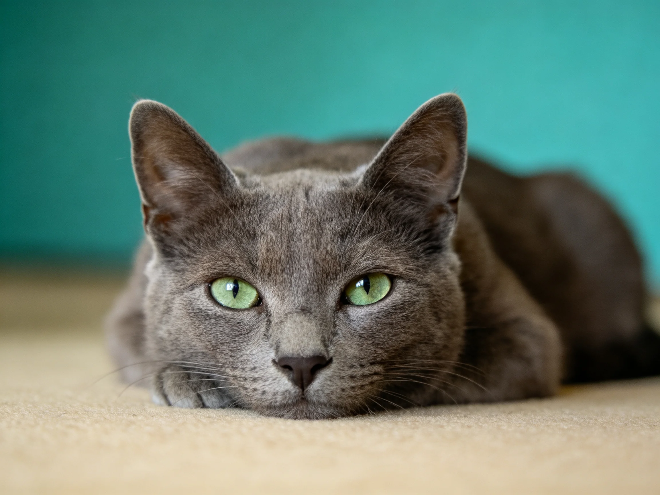 A gray cat with green eyes relaxes on a beige surface near a teal wall