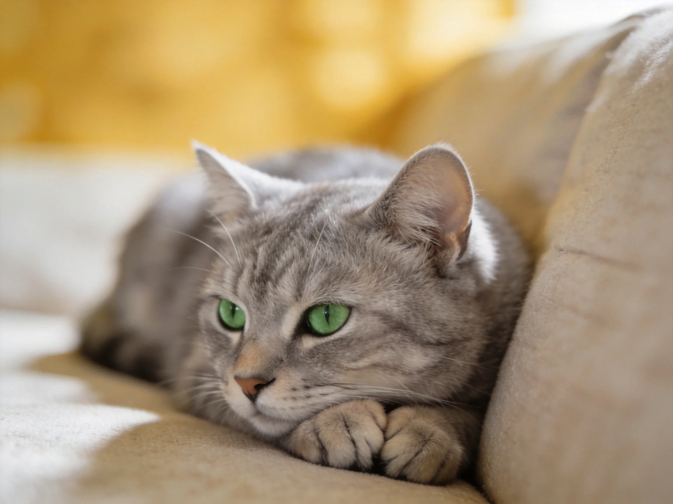 A gray cat with green eyes relaxes on a beige sofa in a warmly lit space.