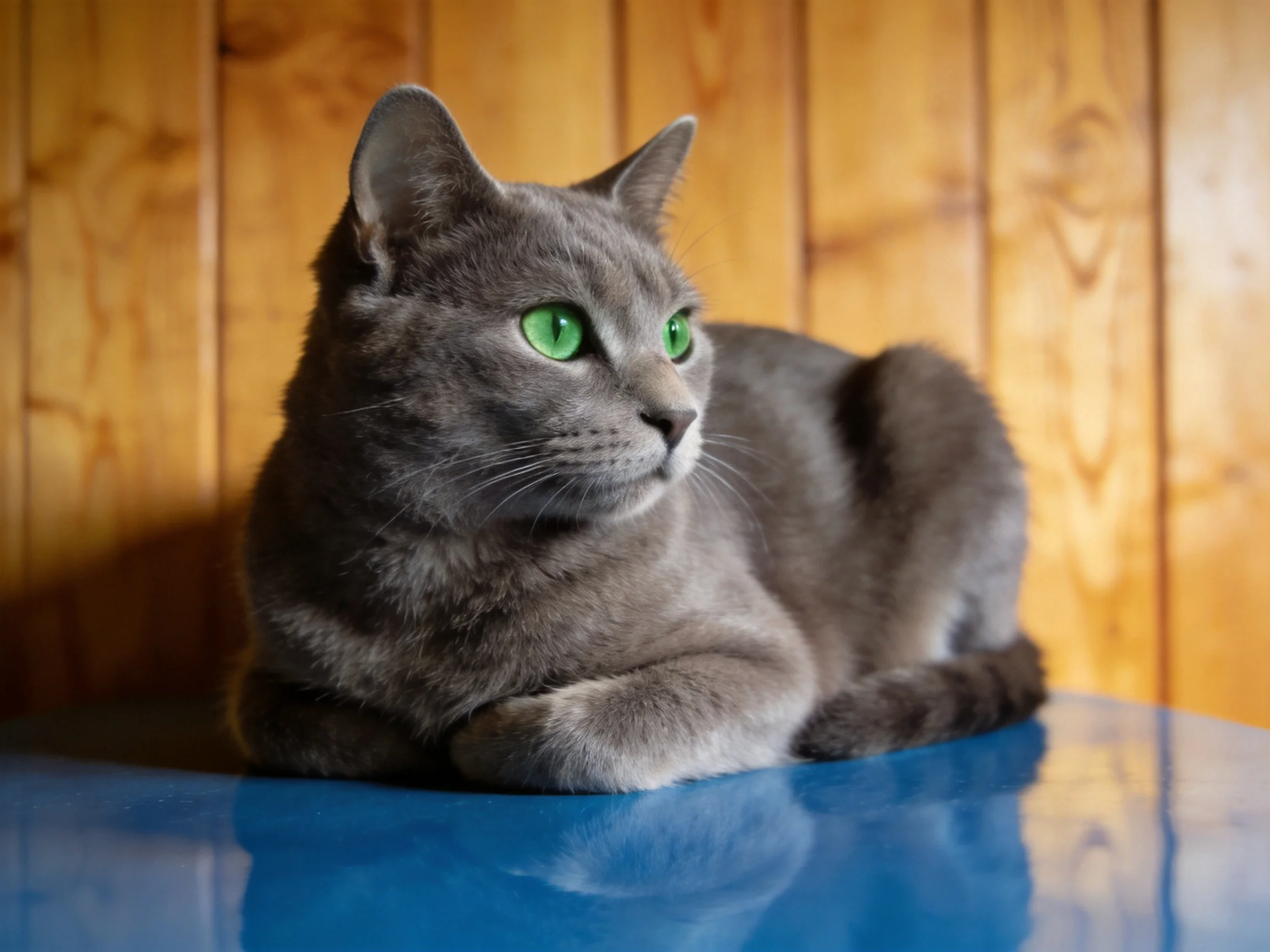 A gray cat with green eyes lies on a blue surface against a wooden wall.