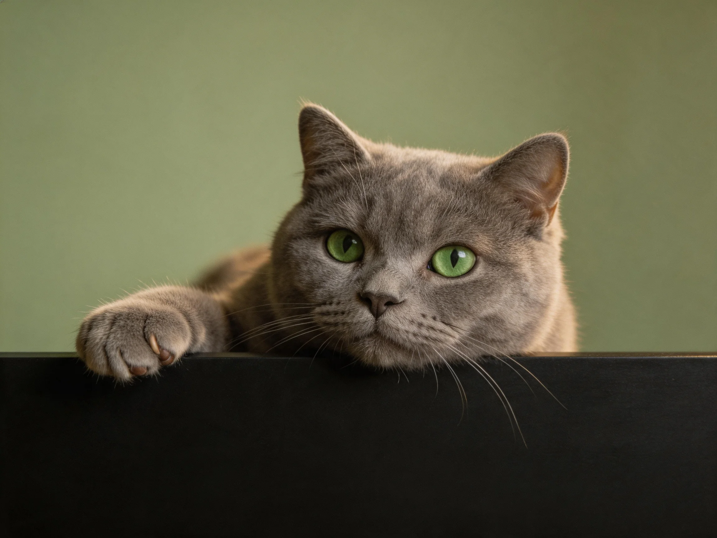 A gray cat with green eyes rests its head on a dark object