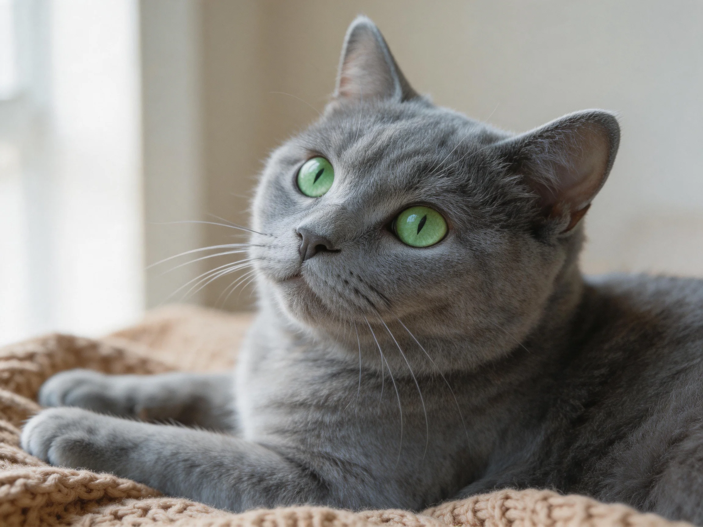 A gray cat with green eyes relaxes on a soft blanket near a window