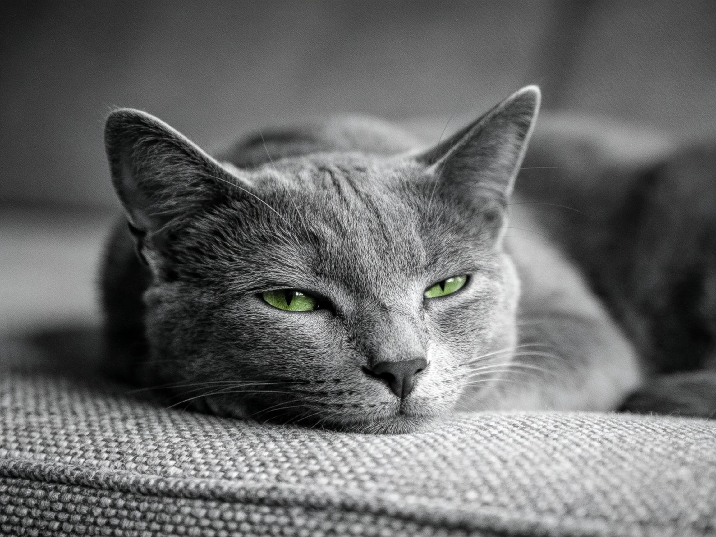 A gray cat with green eyes relaxes on a fabric couch