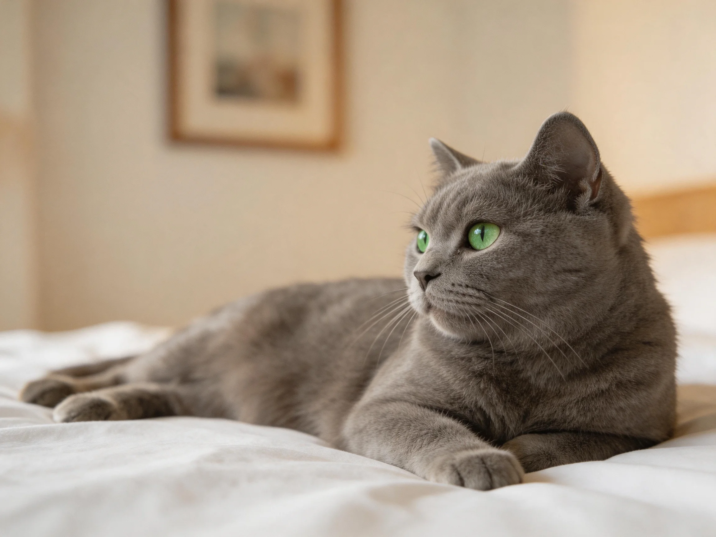 A gray cat with green eyes relaxes on a white bed.