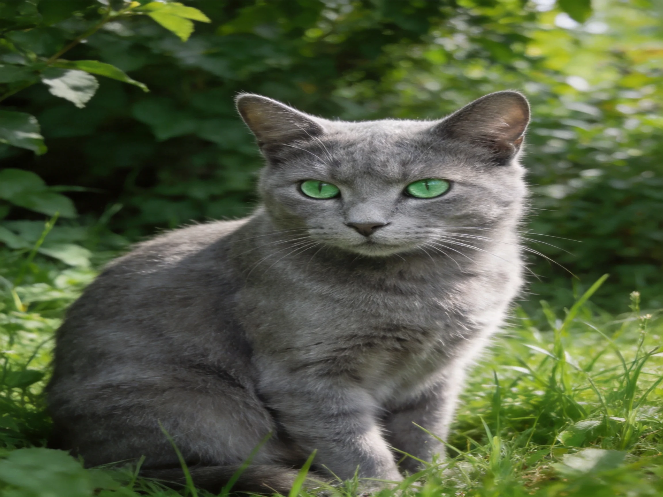 A gray cat with green eyes rests in a verdant, sunlit outdoor setting.