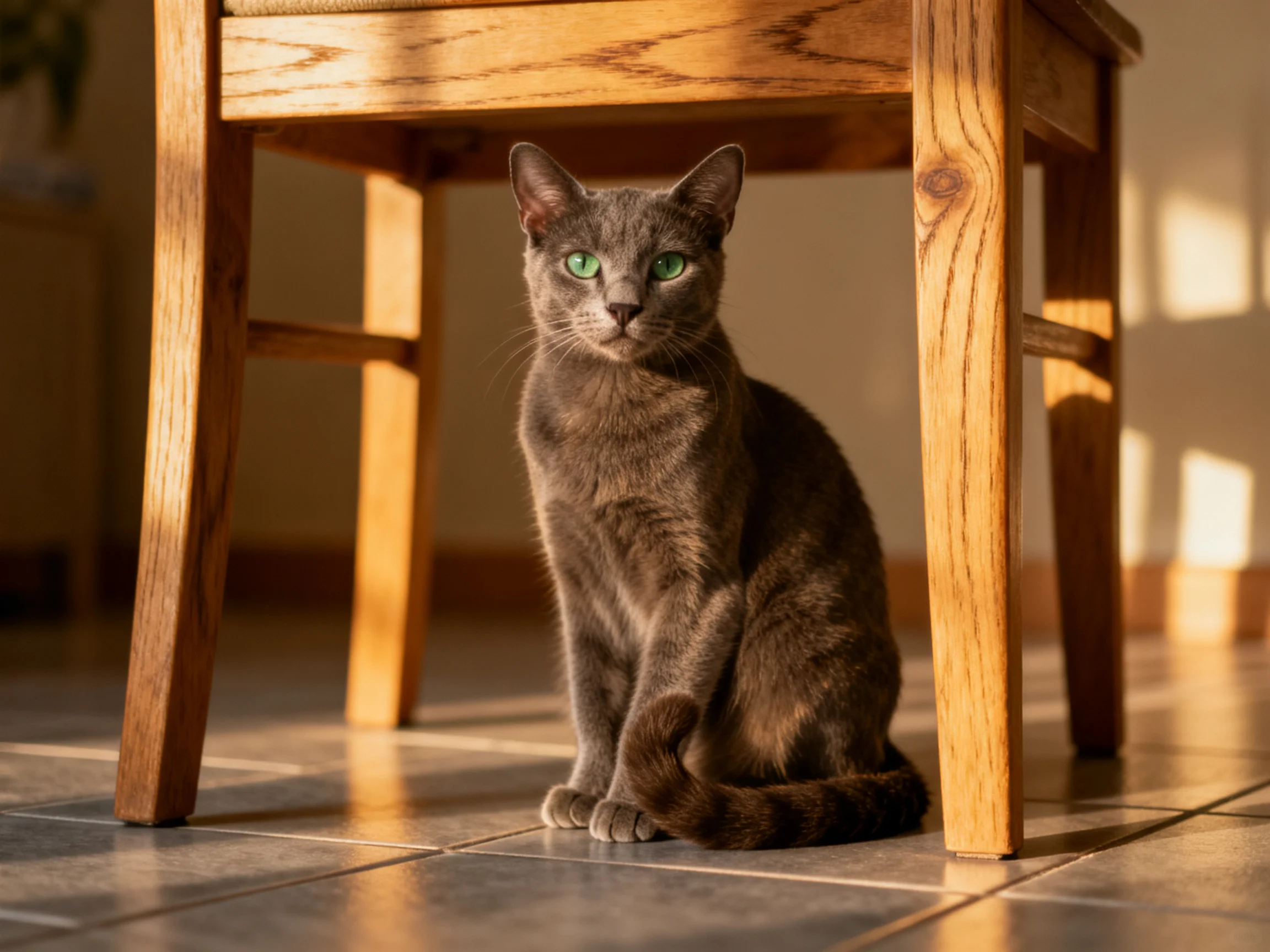 A gray cat with green eyes rests under a wooden chair in a sunlit room.