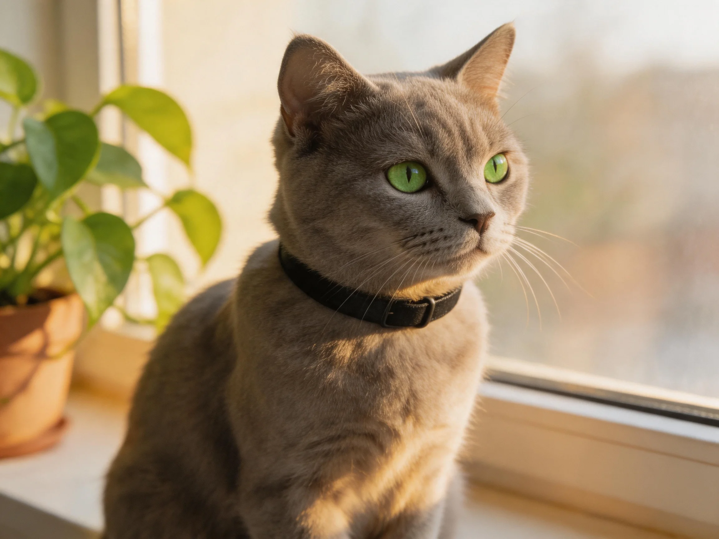 A gray cat with bright green eyes sits by a potted plant near a sunlit window