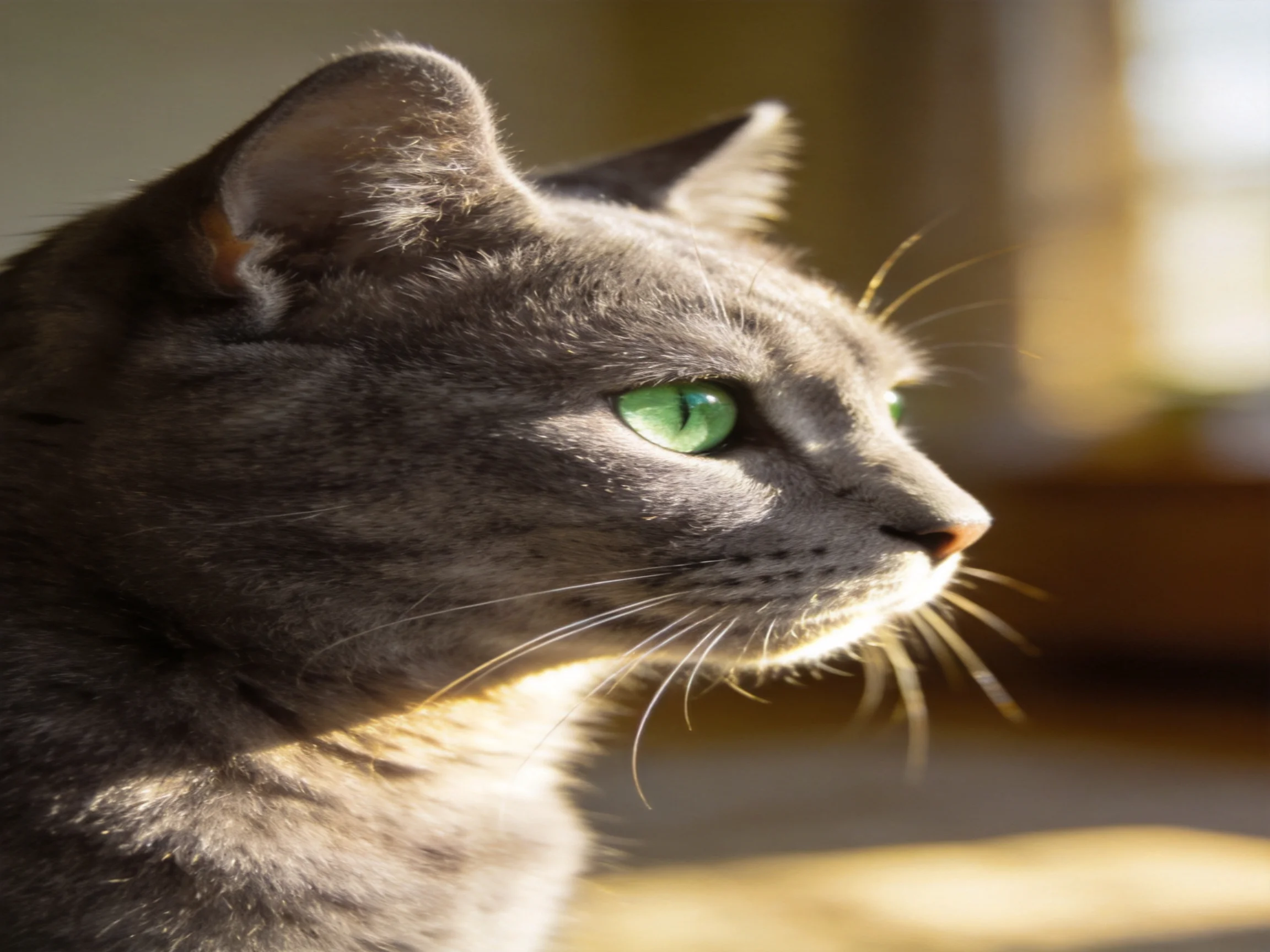A gray cat with green eyes gazes toward a sunlit area.