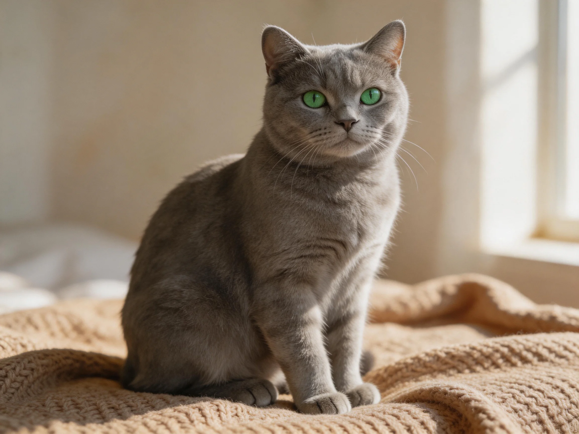 A gray cat with green eyes sits calmly on a knitted blanket by a sunlit window