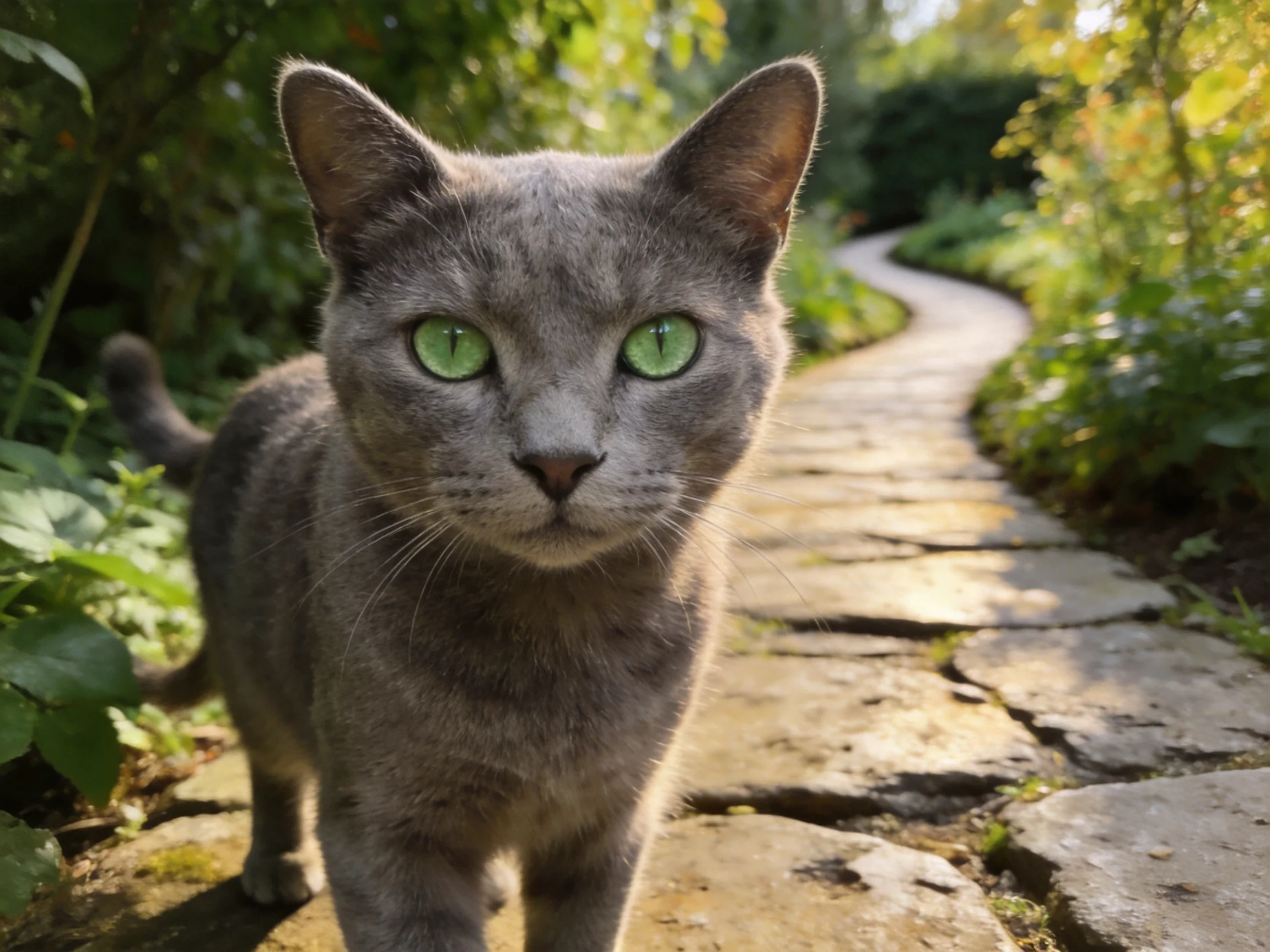 A gray cat with bright green eyes walks along a winding stone path