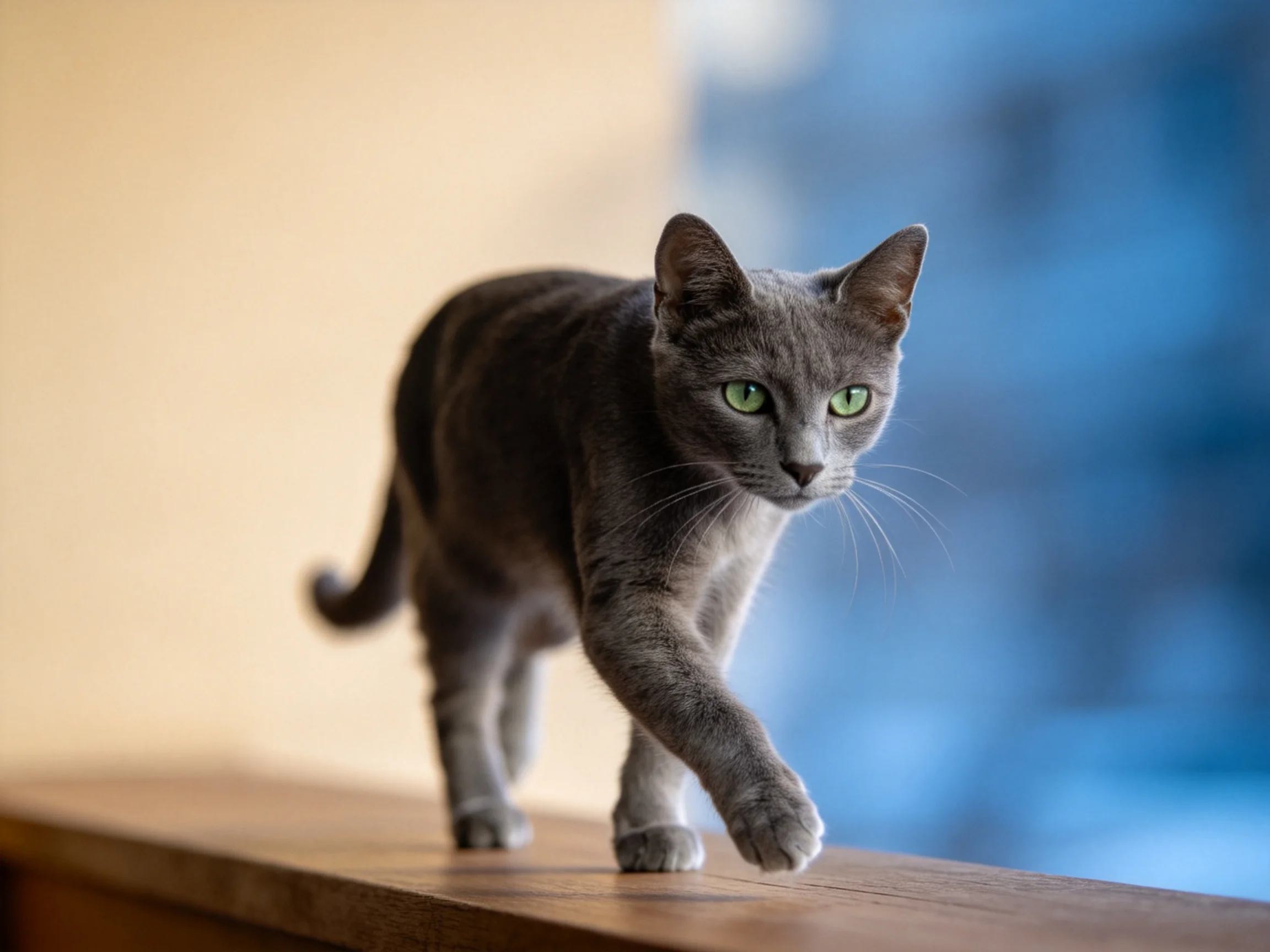 A gray cat with green eyes walks on a wooden surface near a blue area.