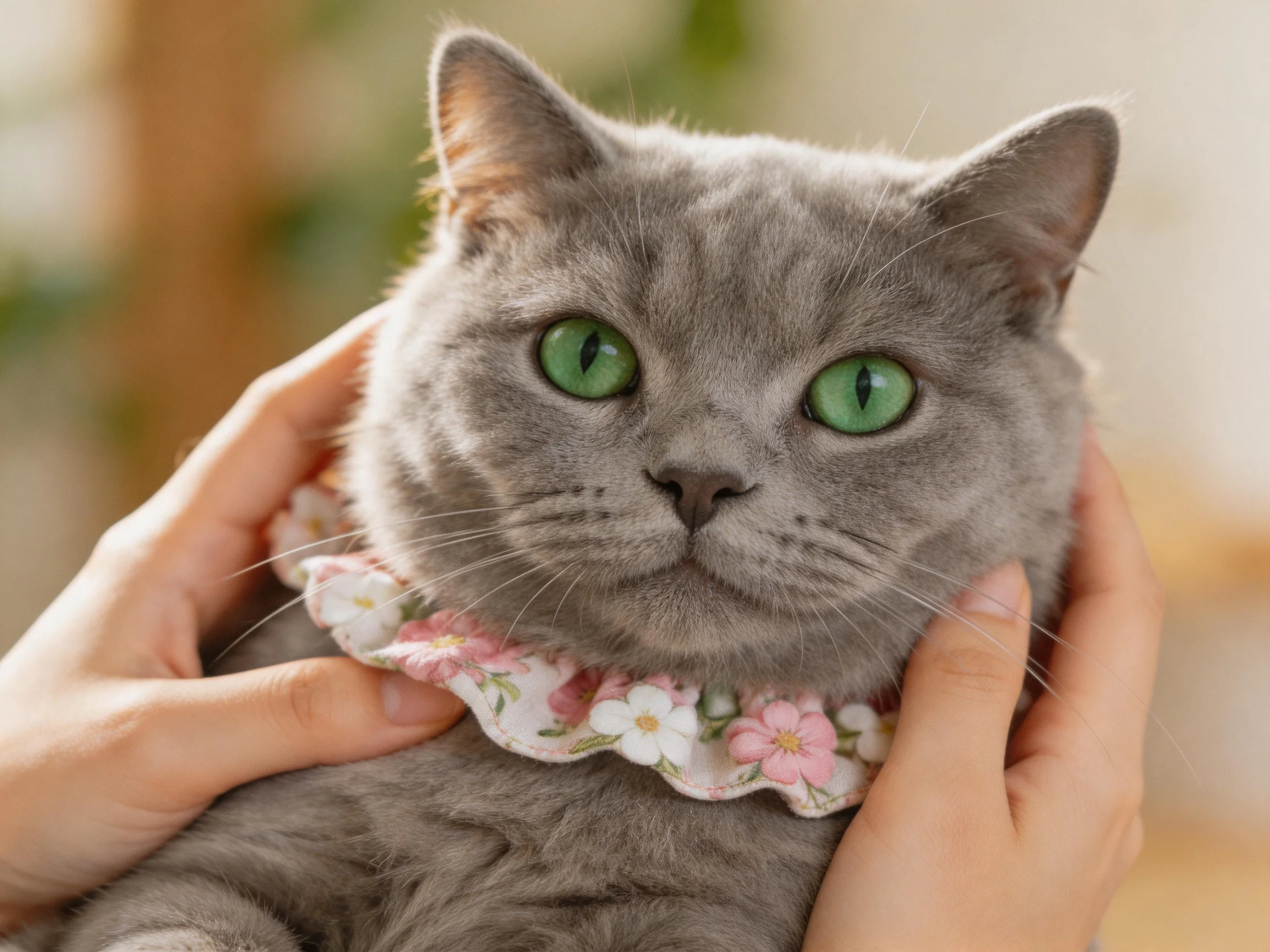 A gray cat with green eyes, wearing a floral collar, is being held.