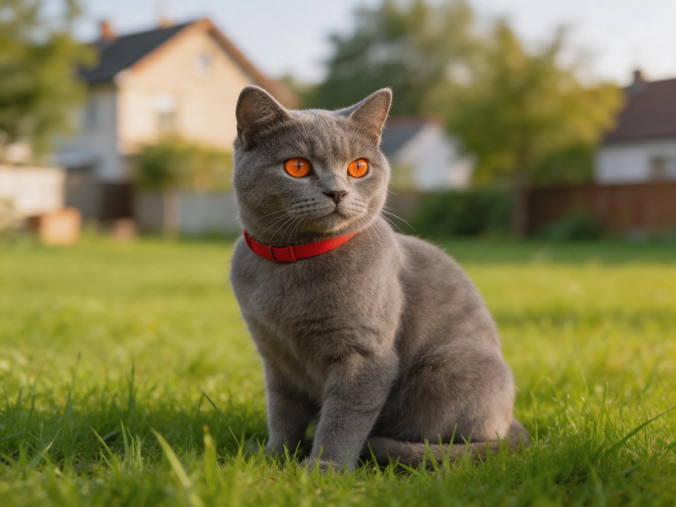 A gray cat with orange eyes sits on grass near houses in a sunny outdoor setting.