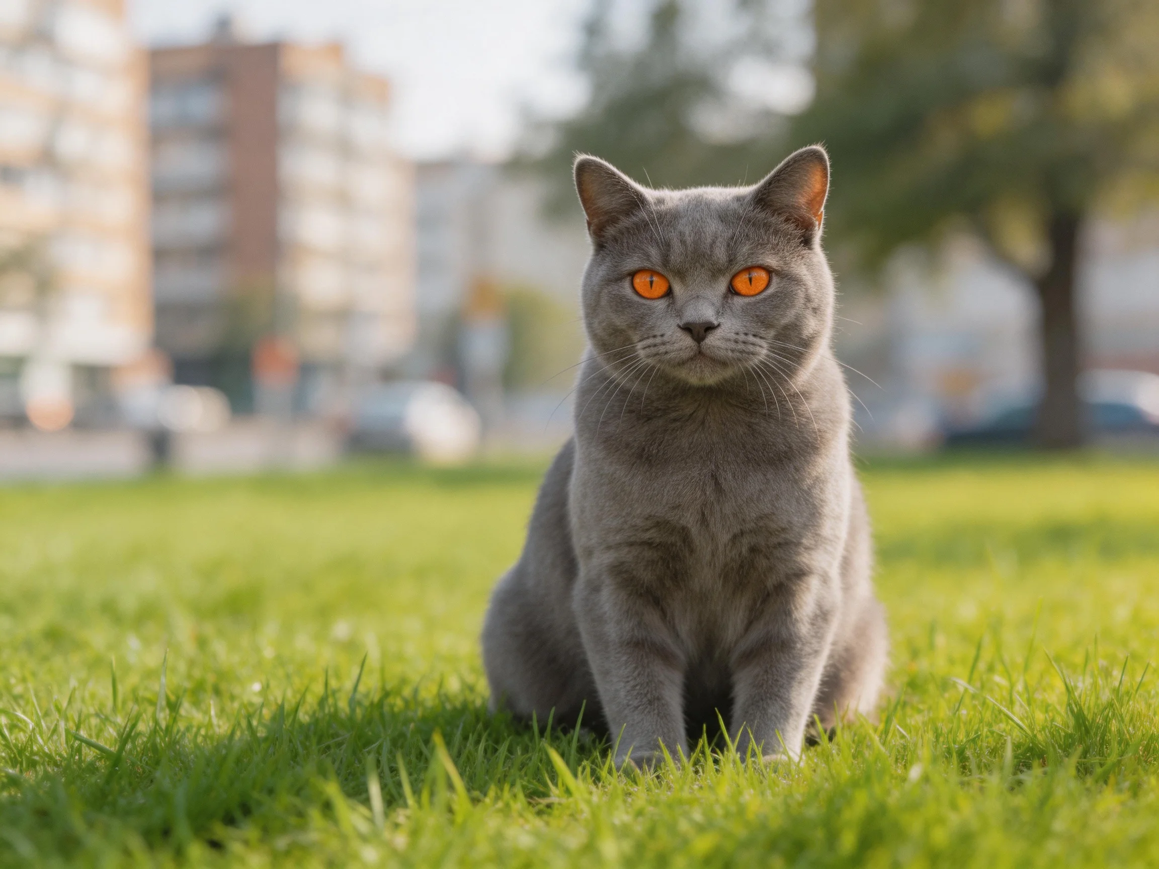 A gray cat with orange eyes sits on grass in a sunlit outdoor area