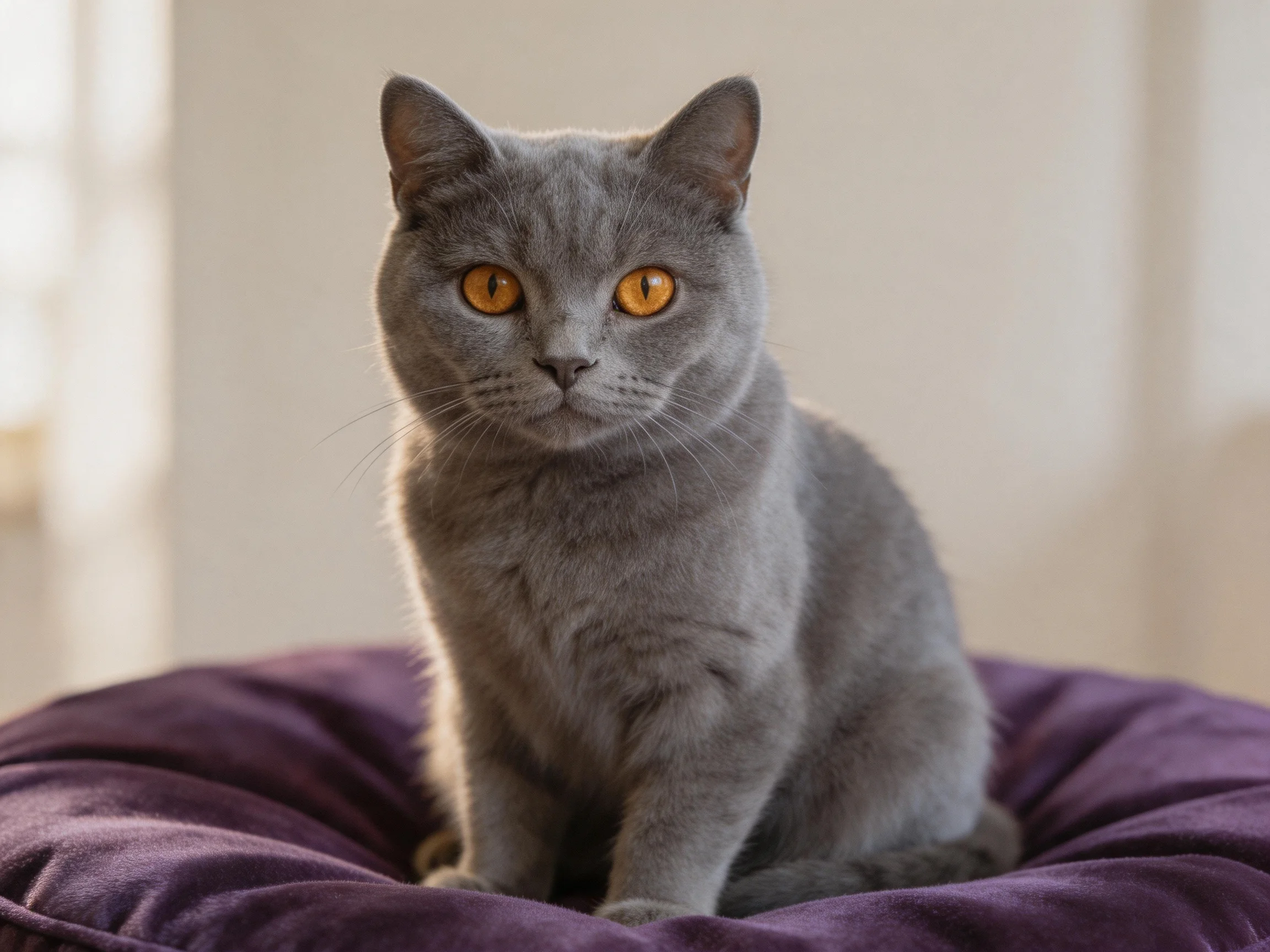 A gray cat with orange eyes sits on a purple cushion.