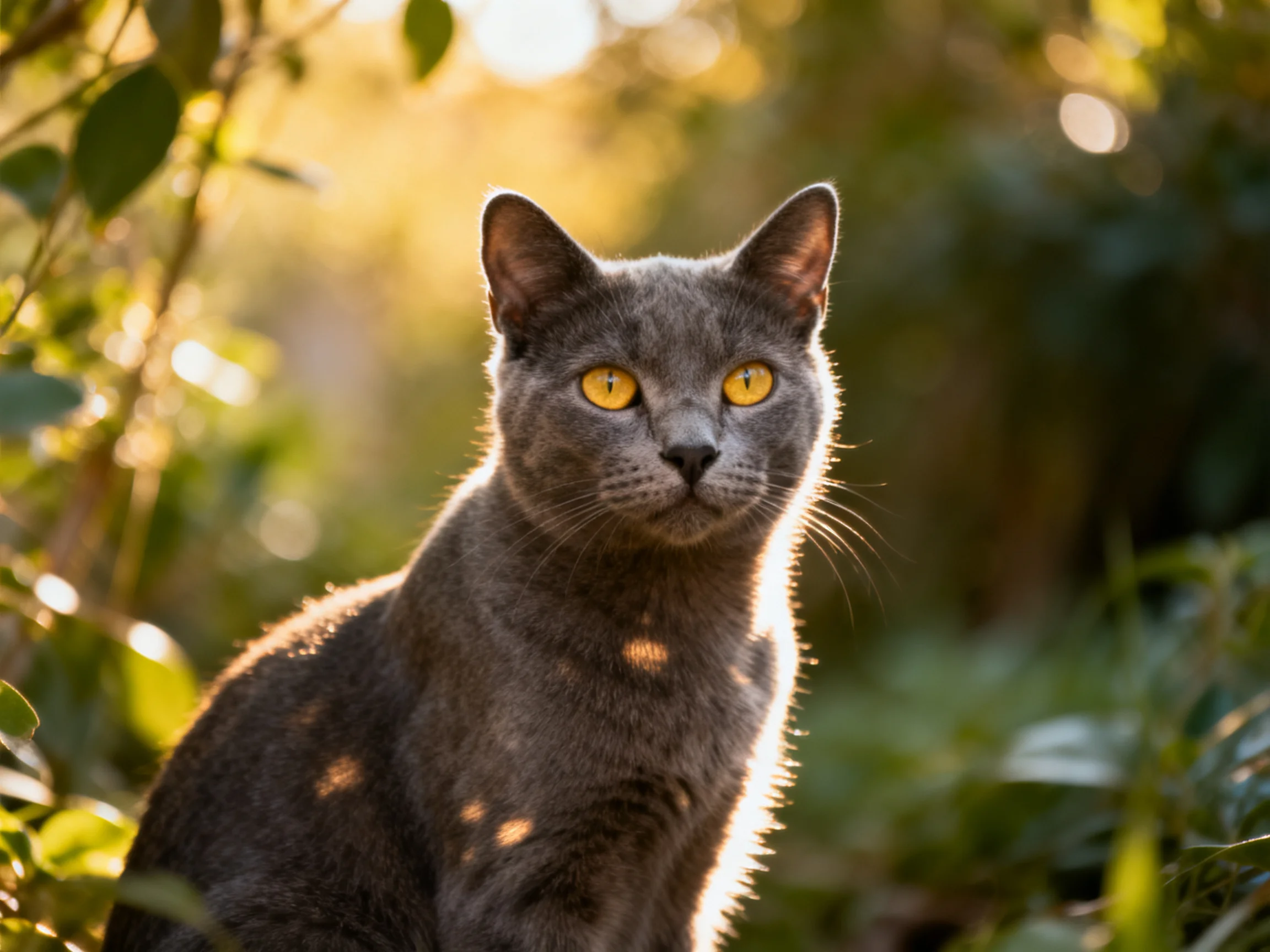 A gray cat with yellow eyes sits among greenery in a sunlit area.