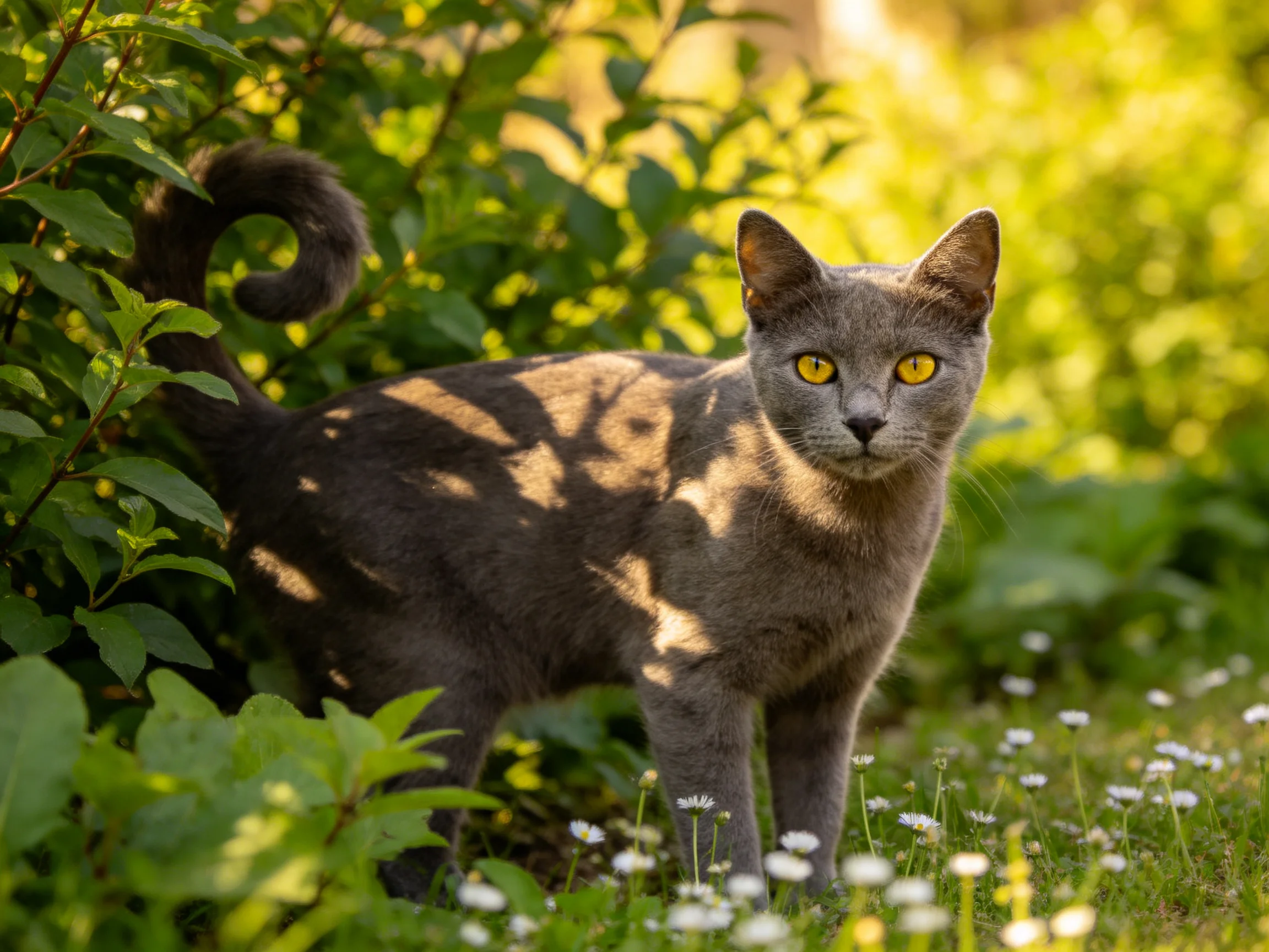 A gray cat with yellow eyes is surrounded by greenery in a sunlit area.