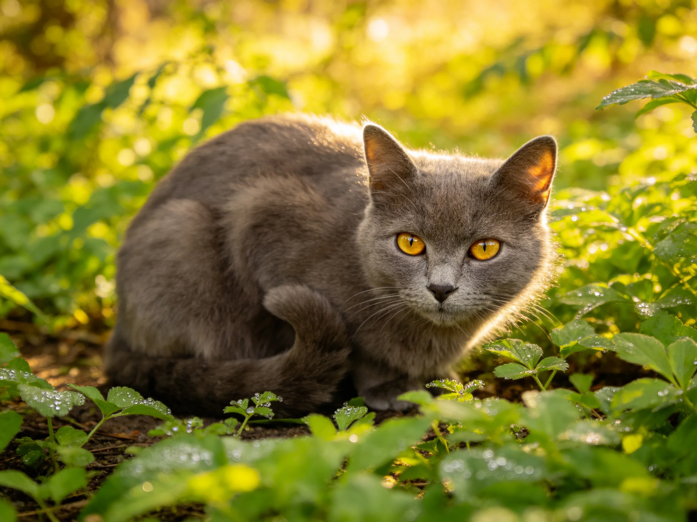 A gray cat with yellow eyes is nestled in sunlit greenery.