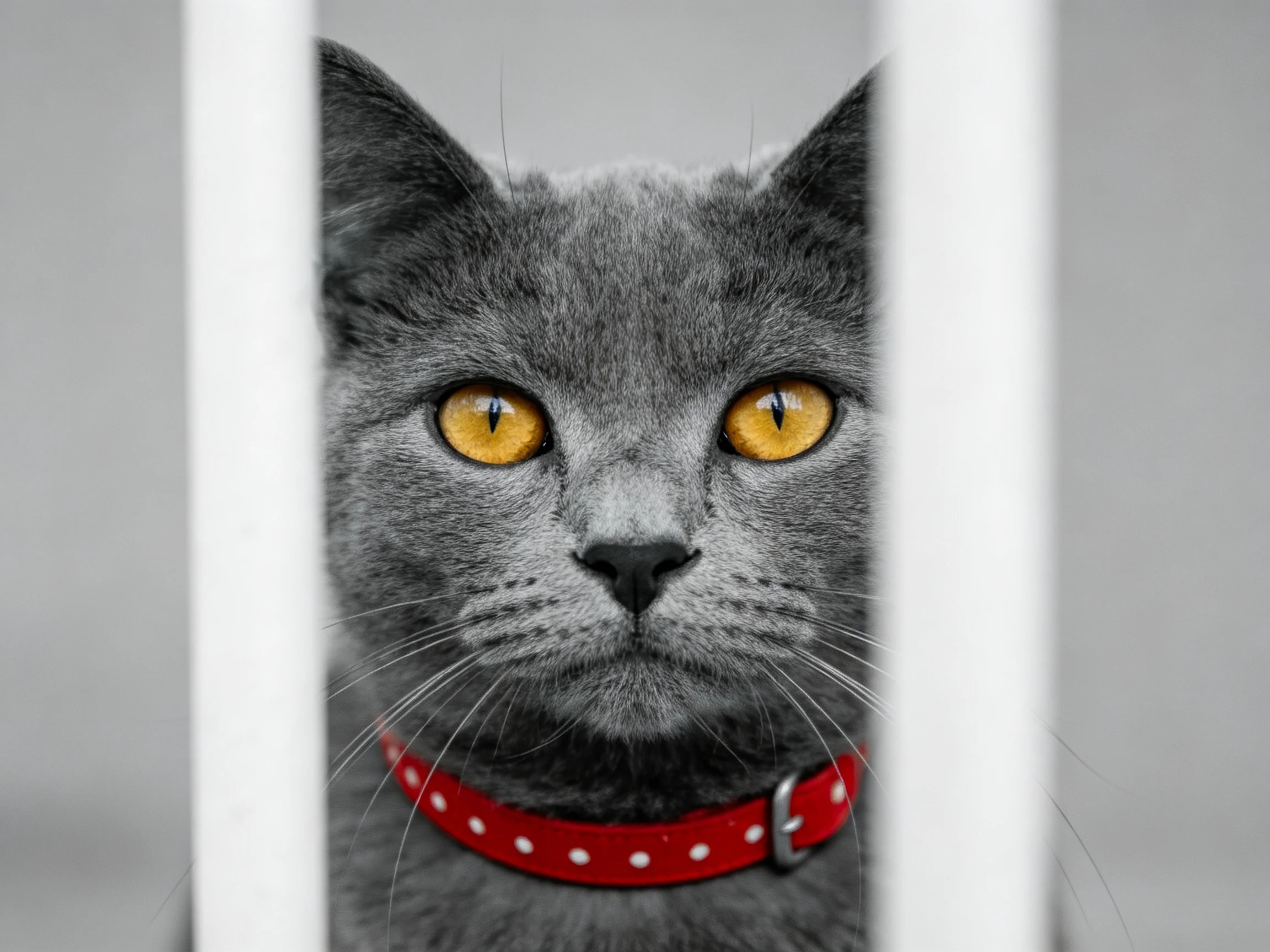 A gray cat wearing a red collar gazes through white bars.