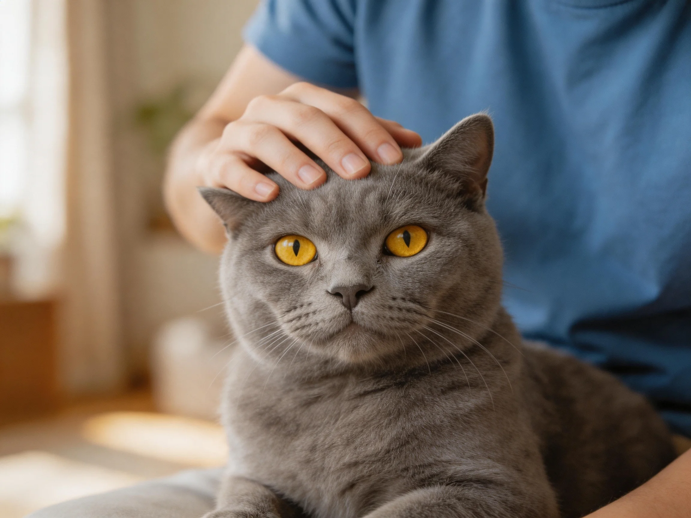 A gray cat with yellow eyes remains calm while a person pets its head.