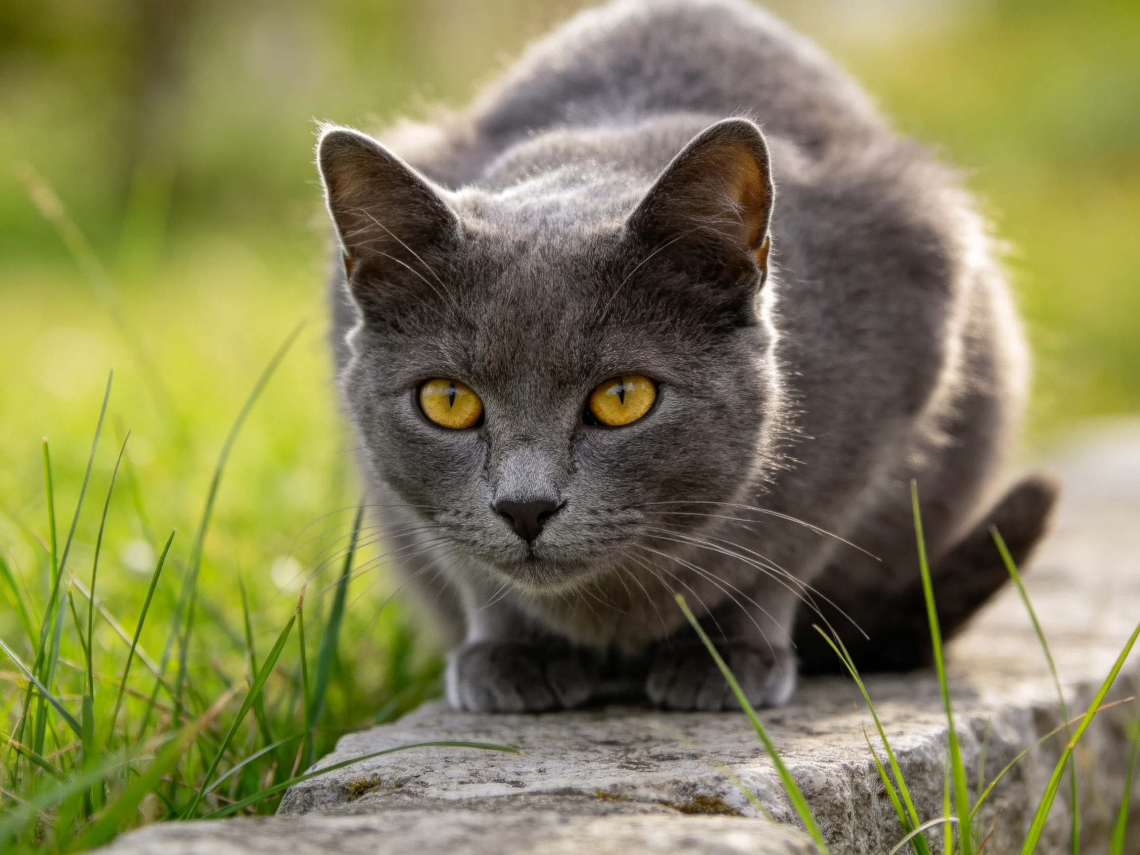 A gray cat with yellow eyes crouches on a stone ledge surrounded by greenery.