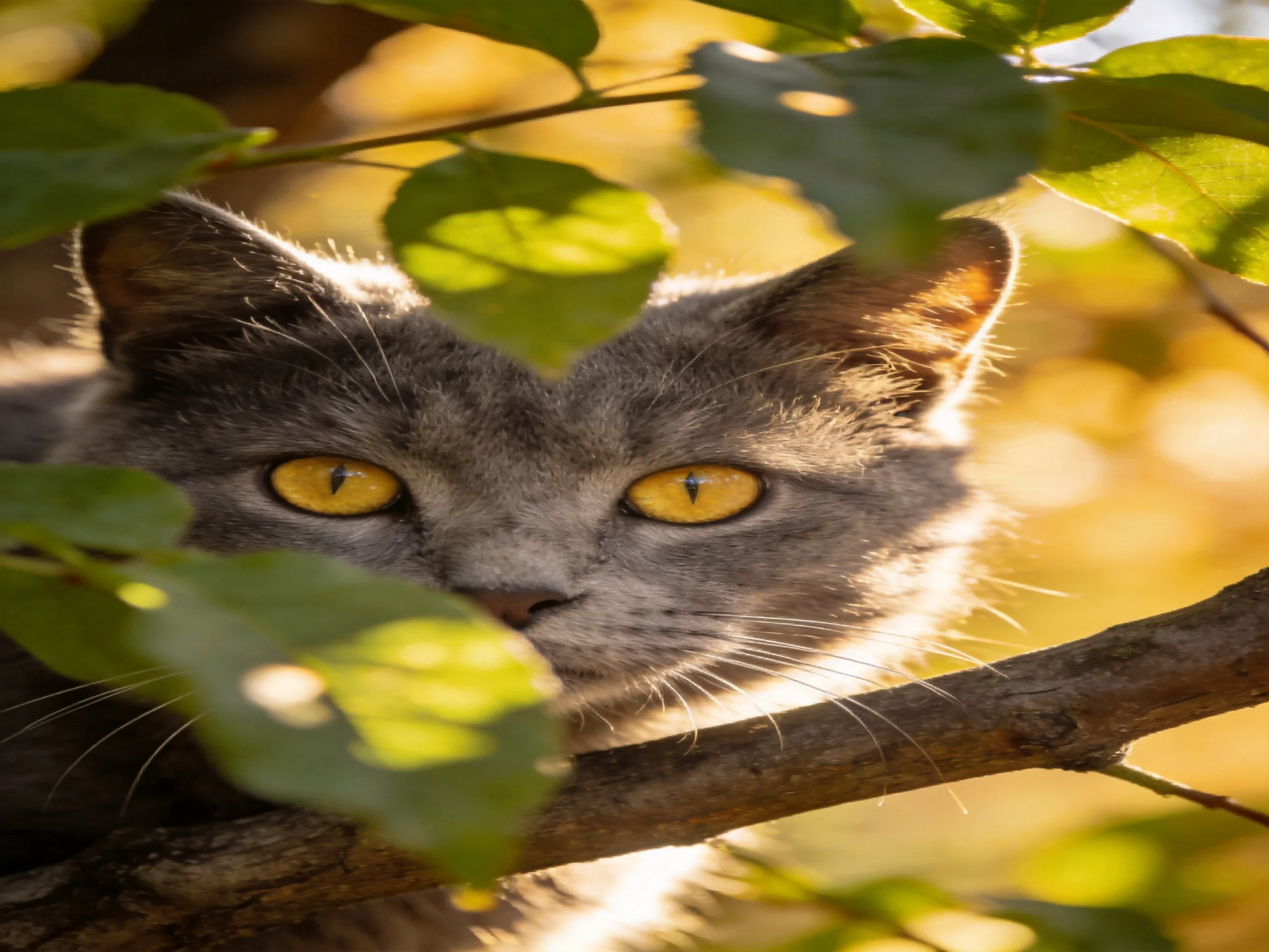 A gray cat with yellow eyes peeks from behind leaves on a tree branch
