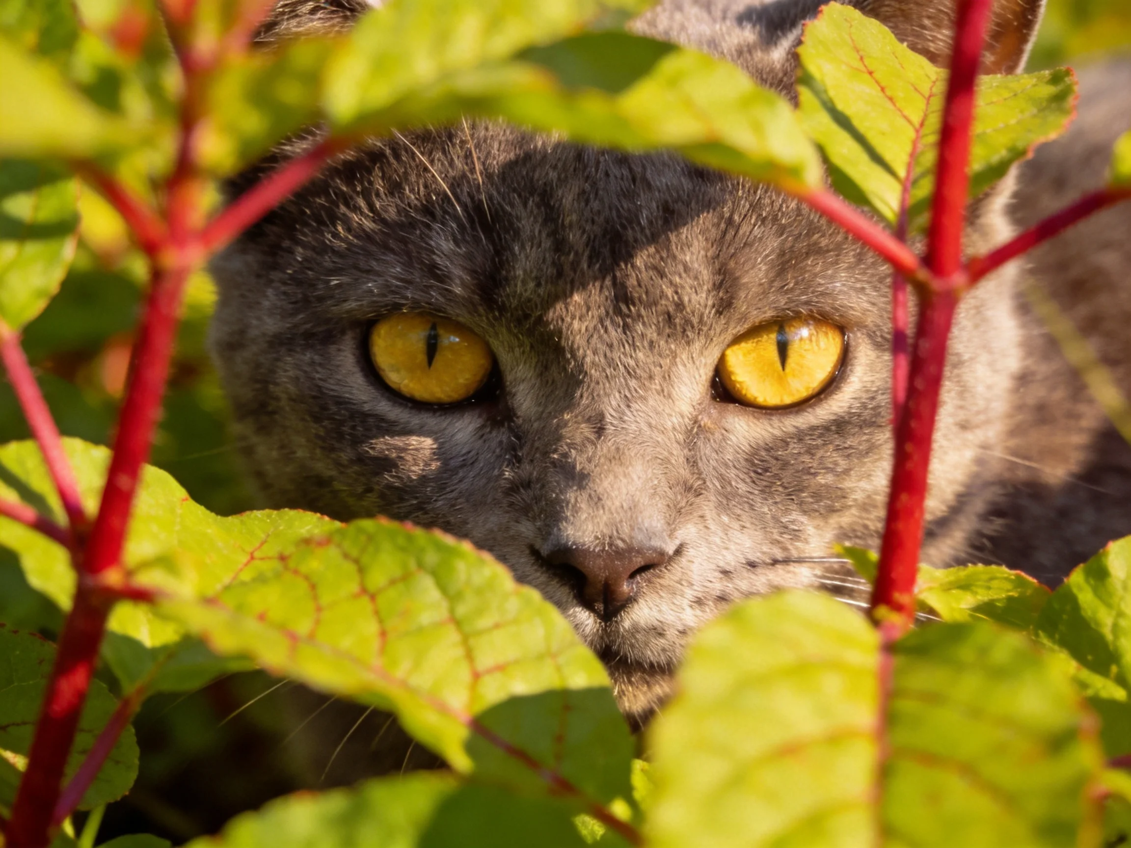 A gray cat with yellow eyes is partially hidden by green and red plants.