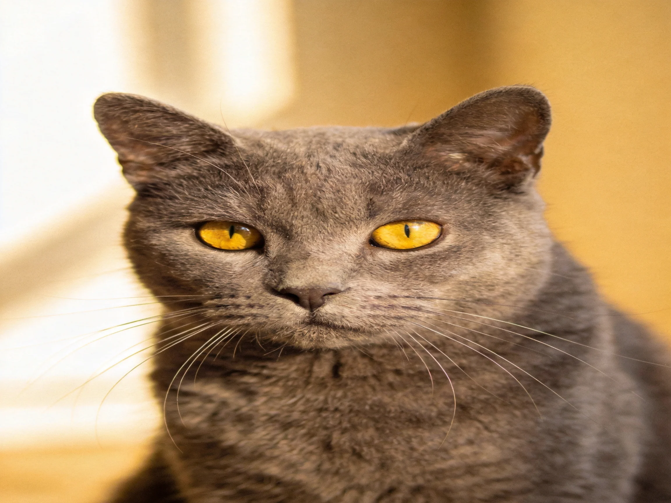 A gray cat with yellow eyes is photographed indoors.