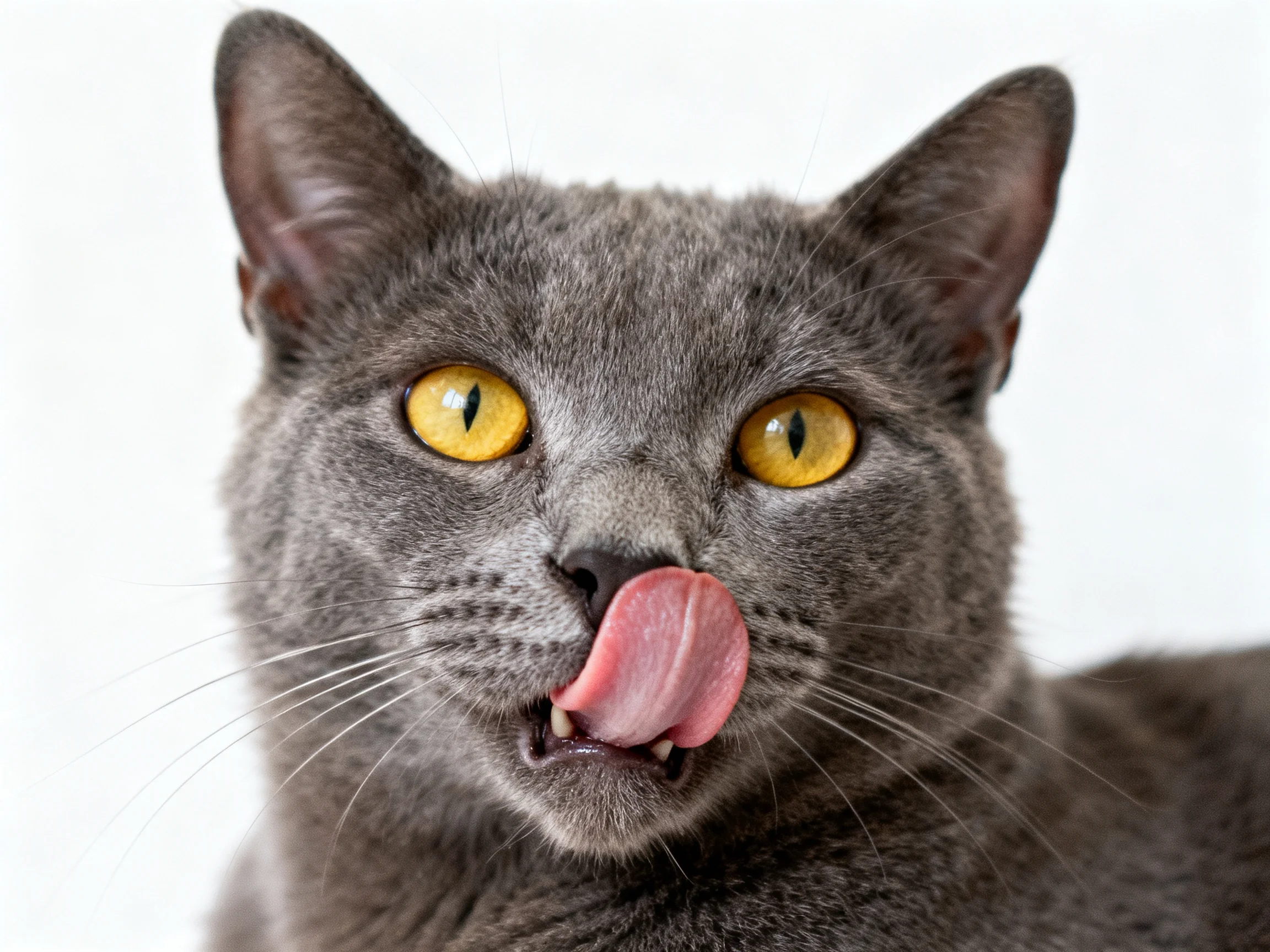 A gray cat with yellow eyes licks its nose in a close-up photo.