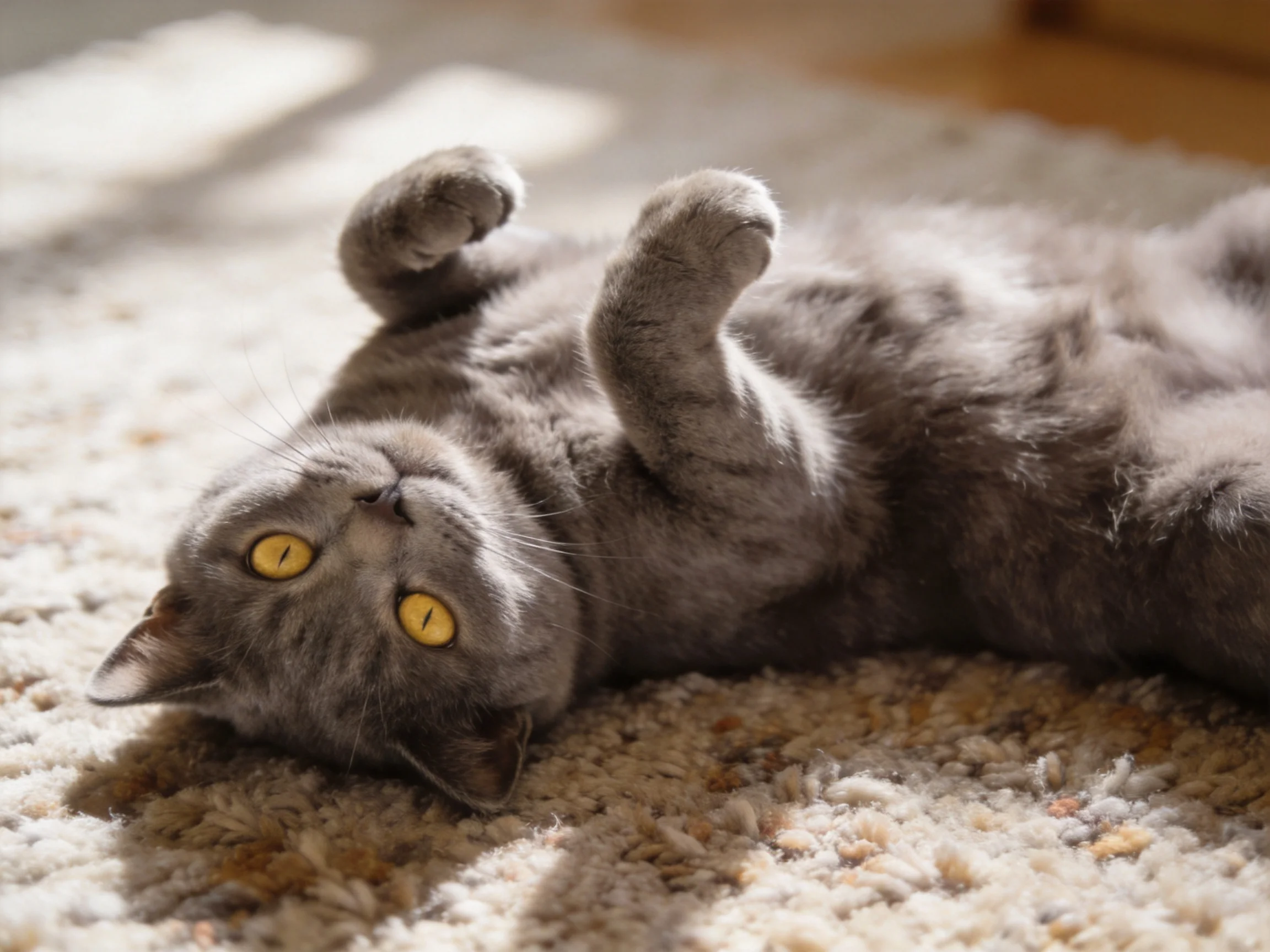 A gray cat with bright yellow eyes lies on a textured rug