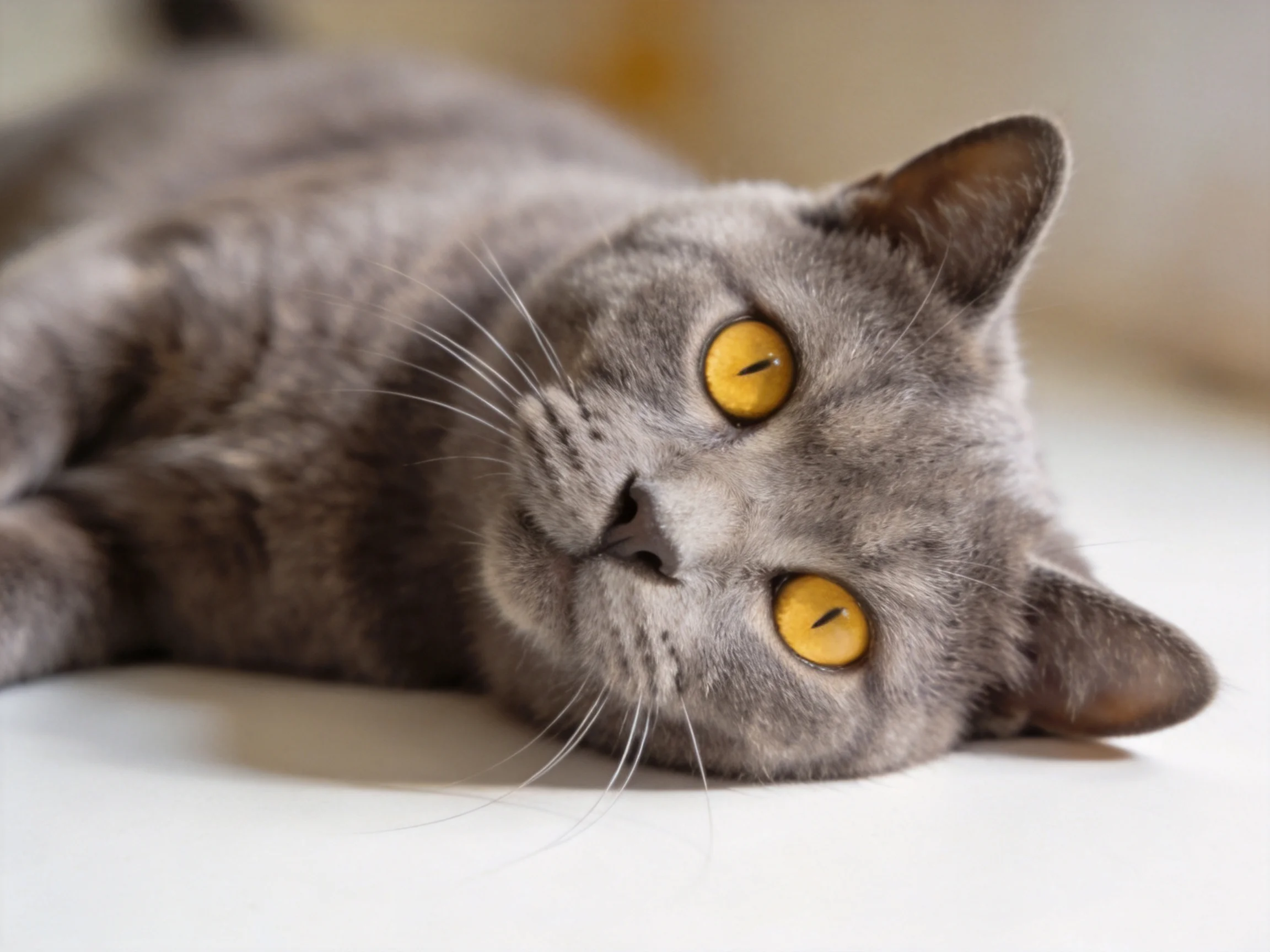 A gray cat with bright yellow eyes relaxes on a white surface