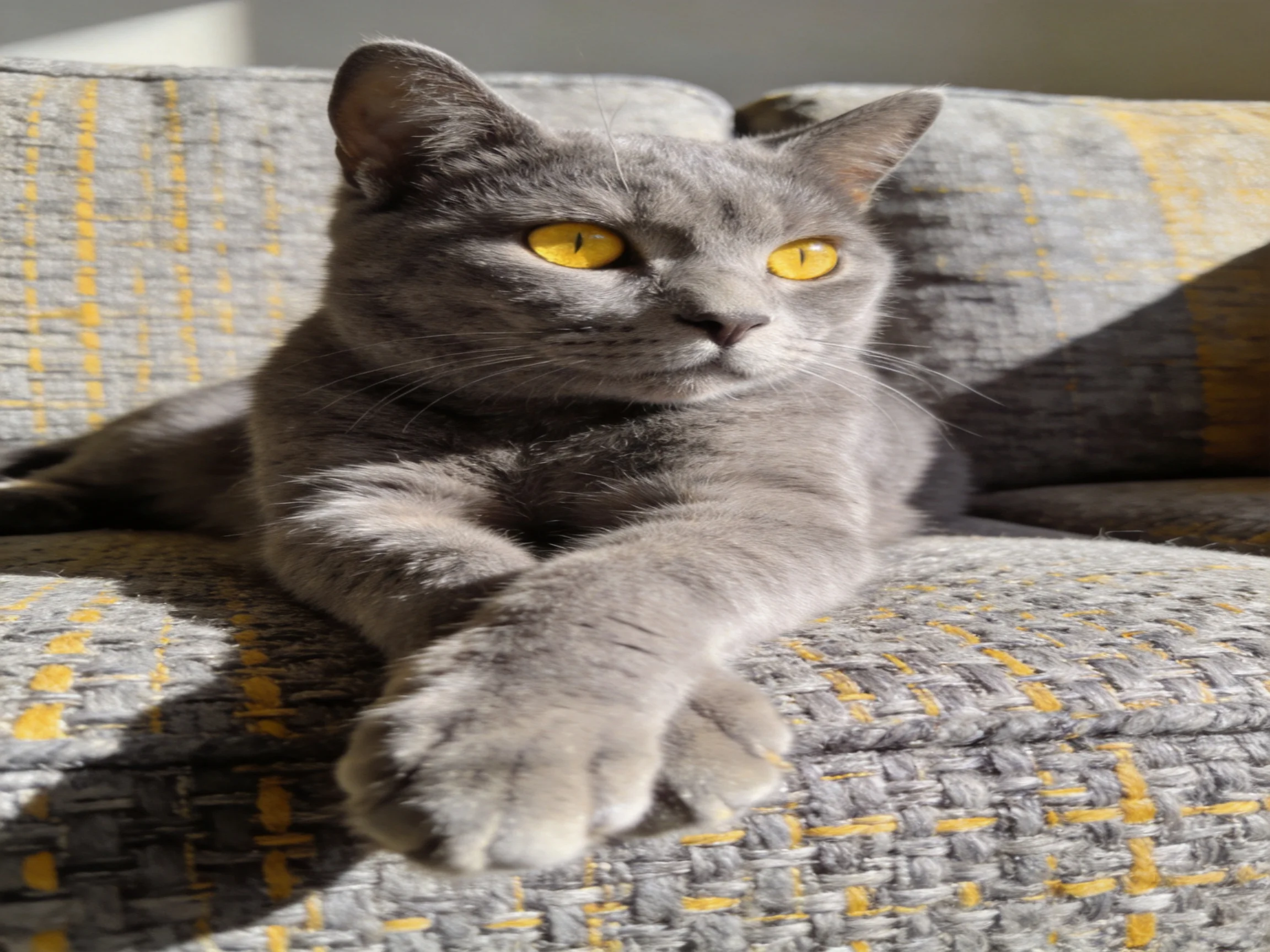 A gray cat with yellow eyes relaxes on a textured couch in sunlight.