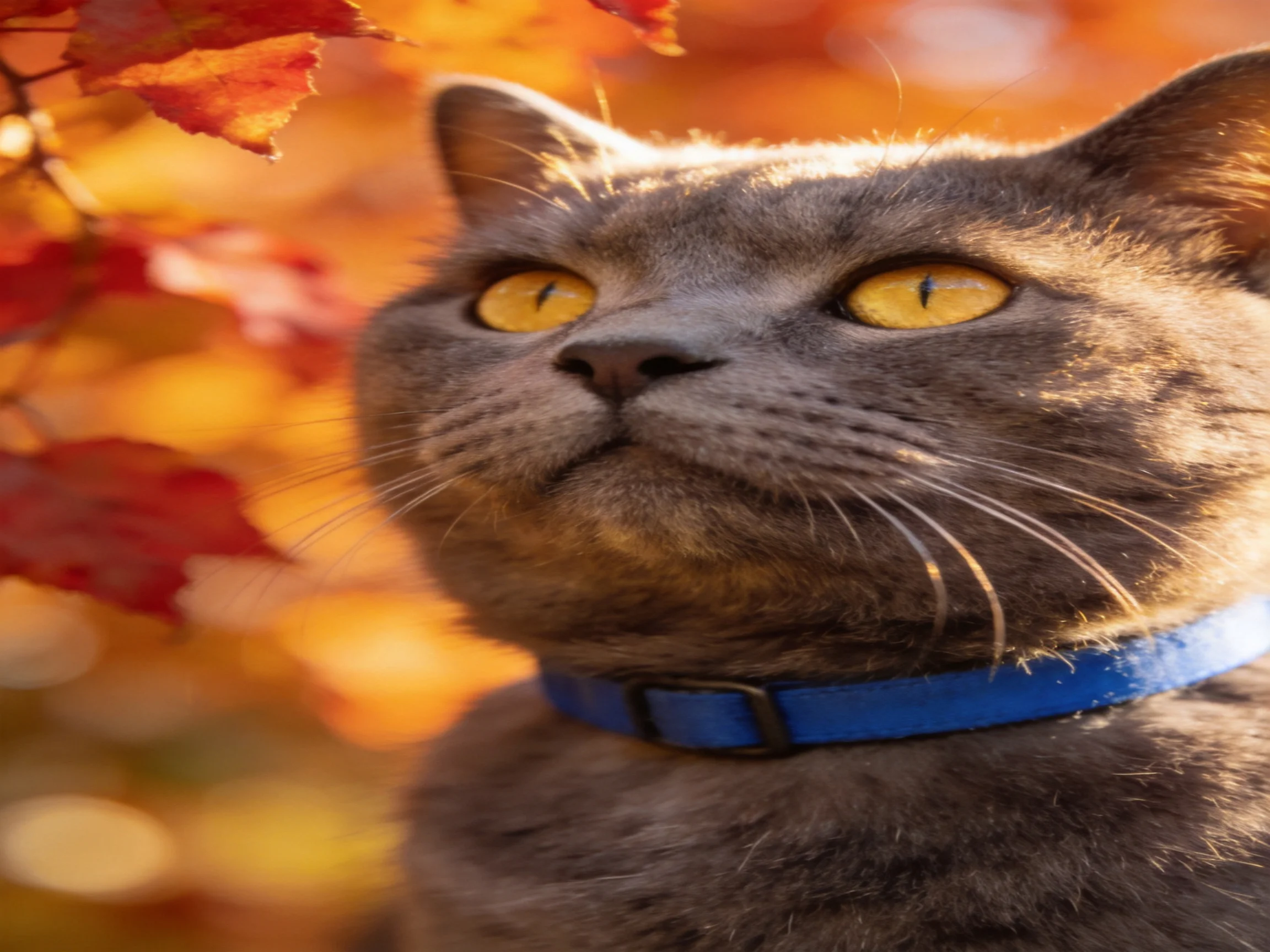 A gray cat with yellow eyes is surrounded by colorful autumn leaves.