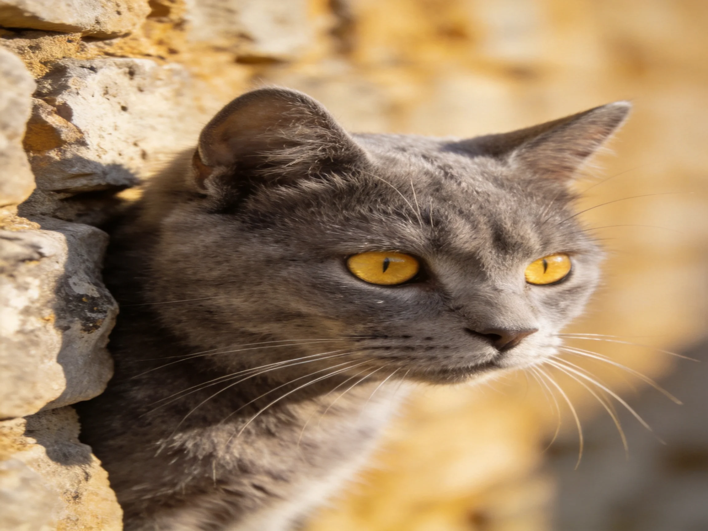 A gray cat with golden eyes looks out from a stone wall crevice.