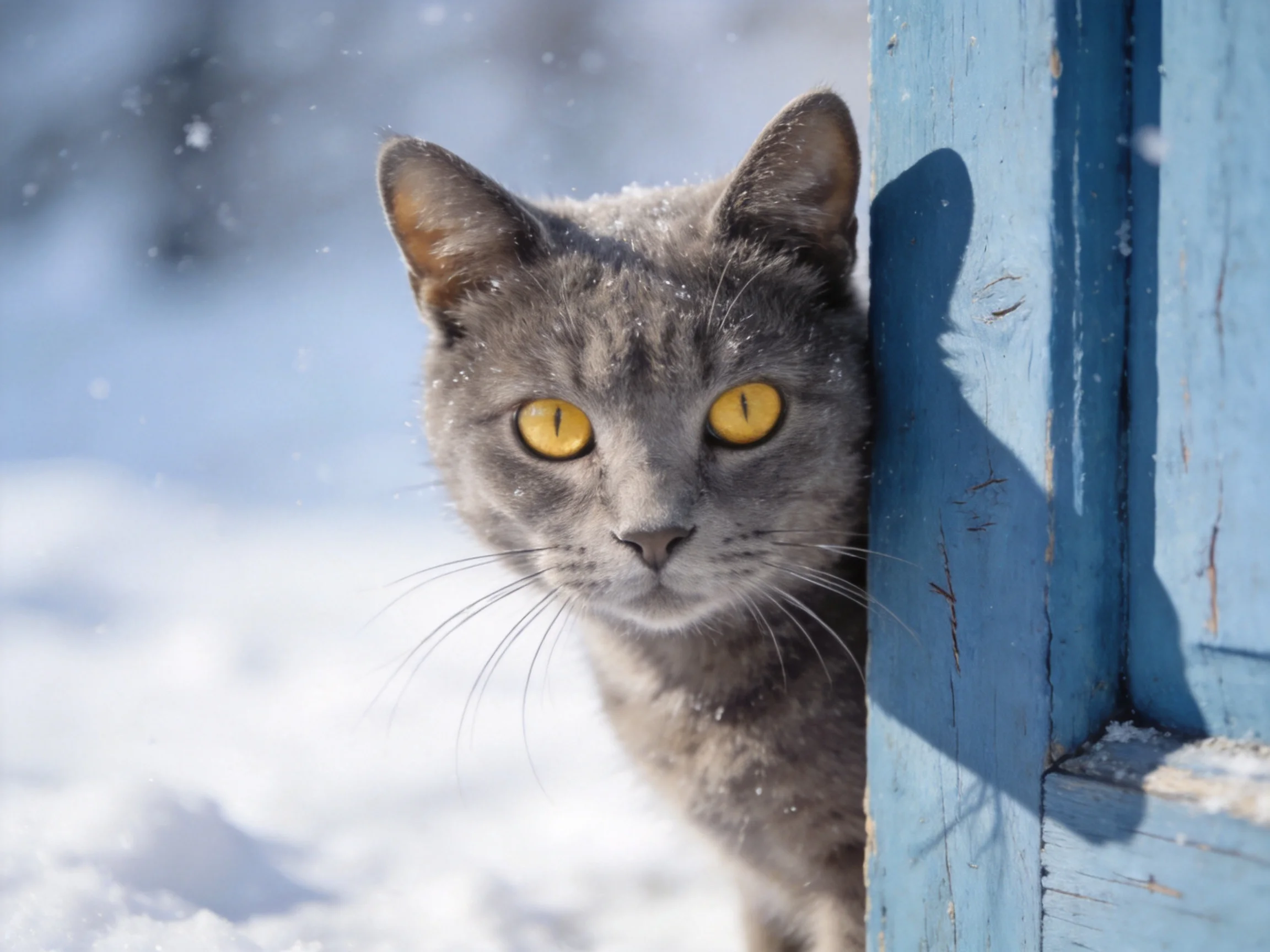 A gray cat with yellow eyes hides near a blue wooden structure amid a snowy setting.