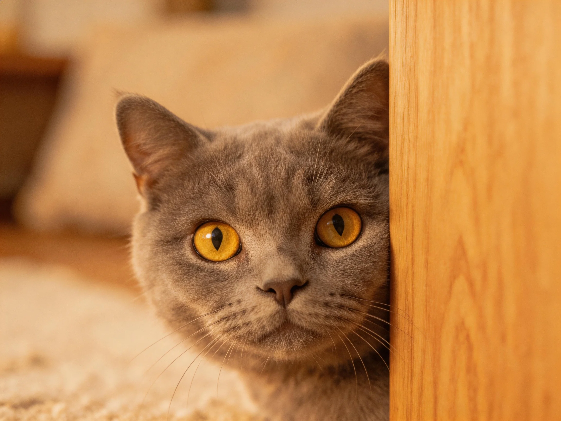 A gray cat with yellow eyes peeks near a wooden structure