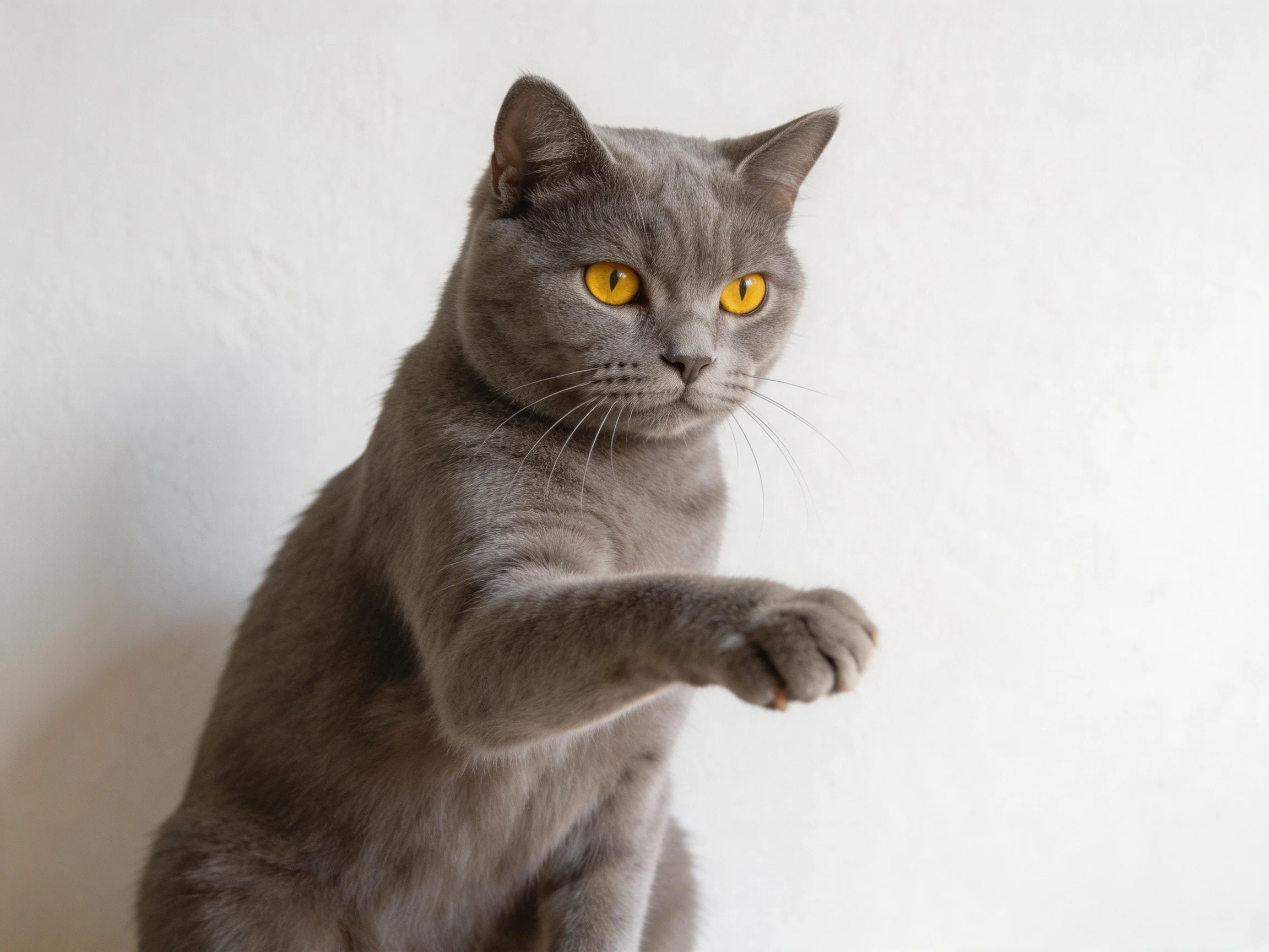 A gray cat with yellow eyes reaches toward the viewer near a white wall.