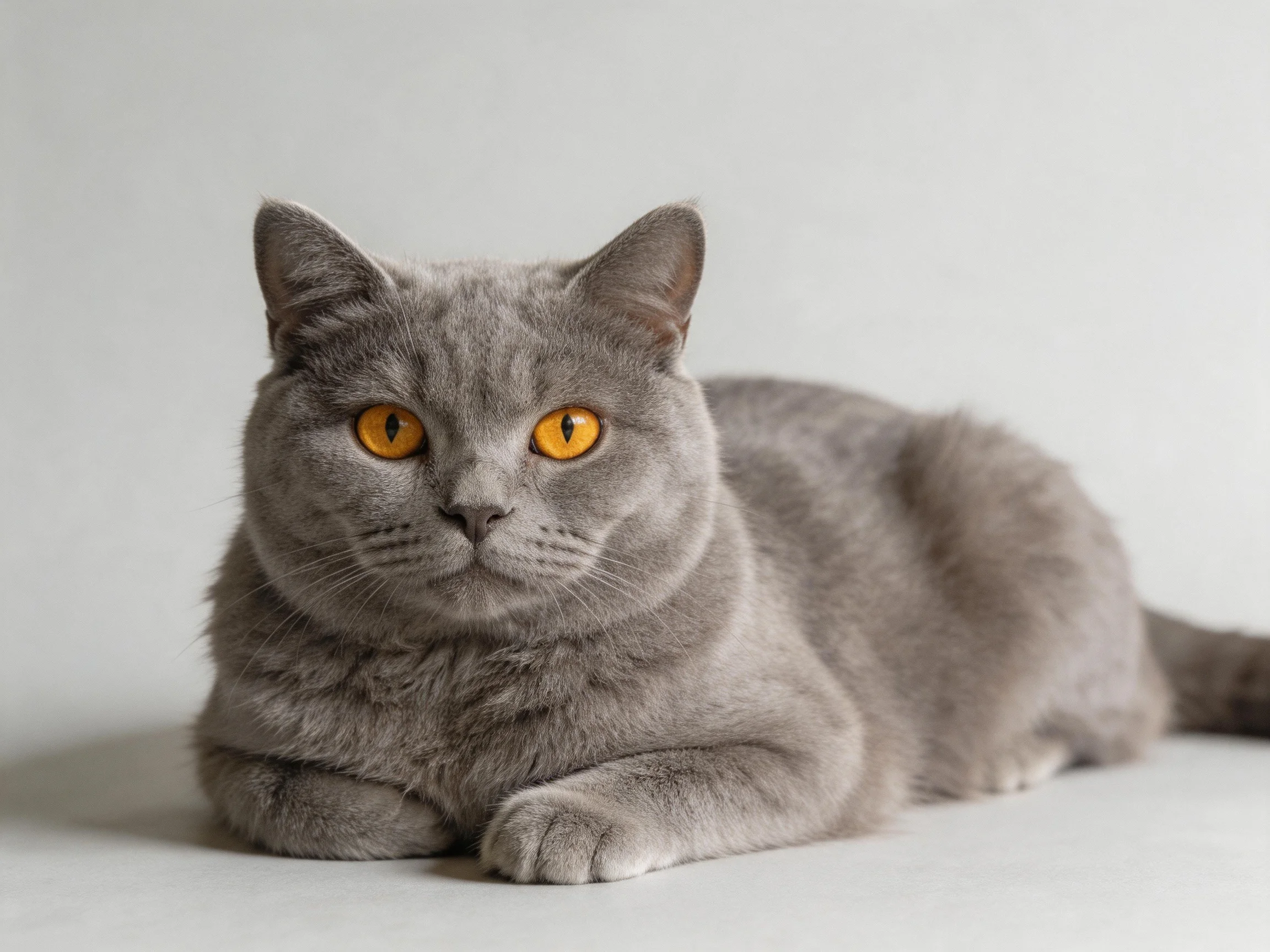 A gray cat with yellow eyes rests calmly on a neutral background.