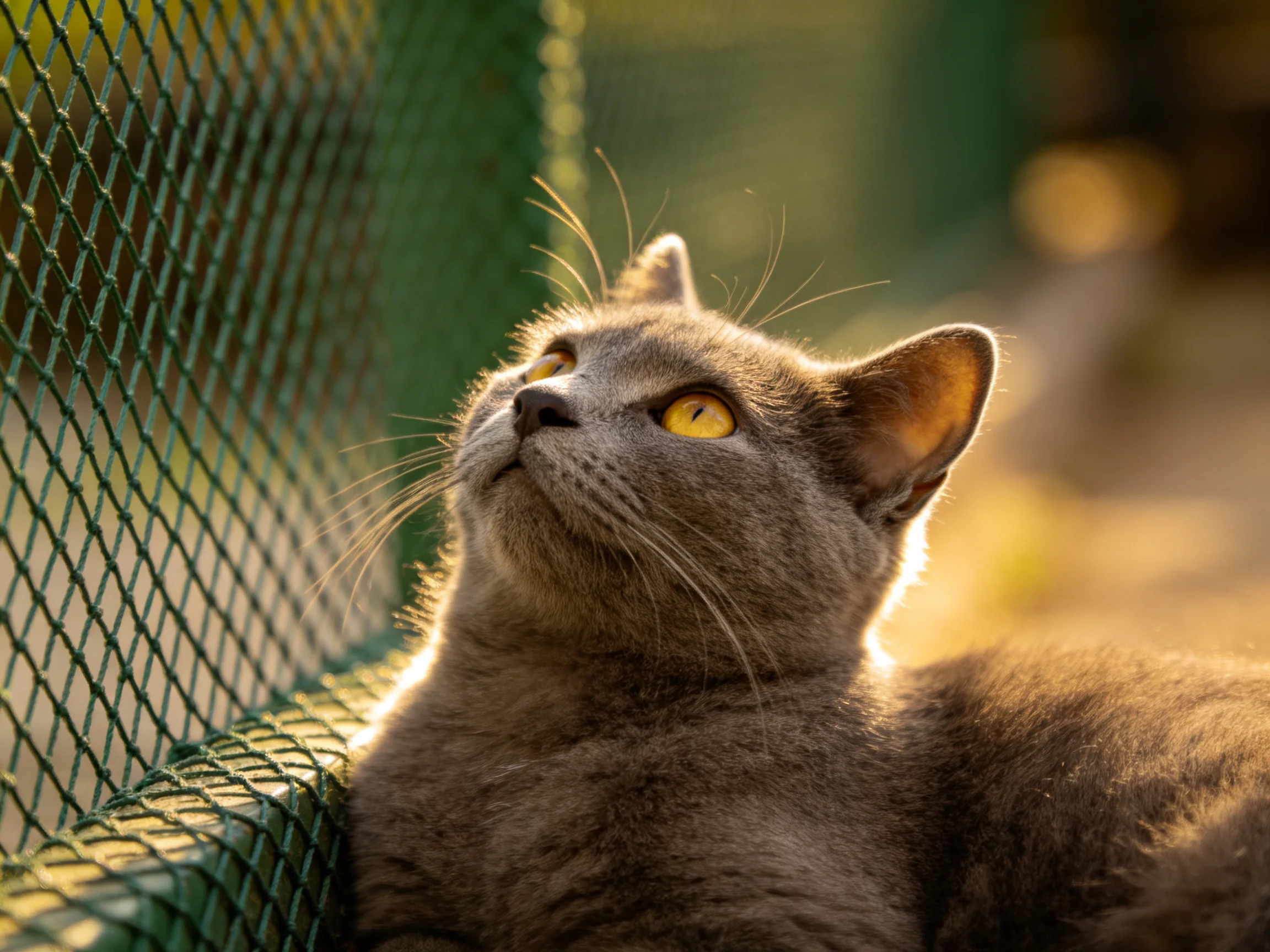 A gray cat with yellow eyes relaxes near a green mesh fence in sunlight.