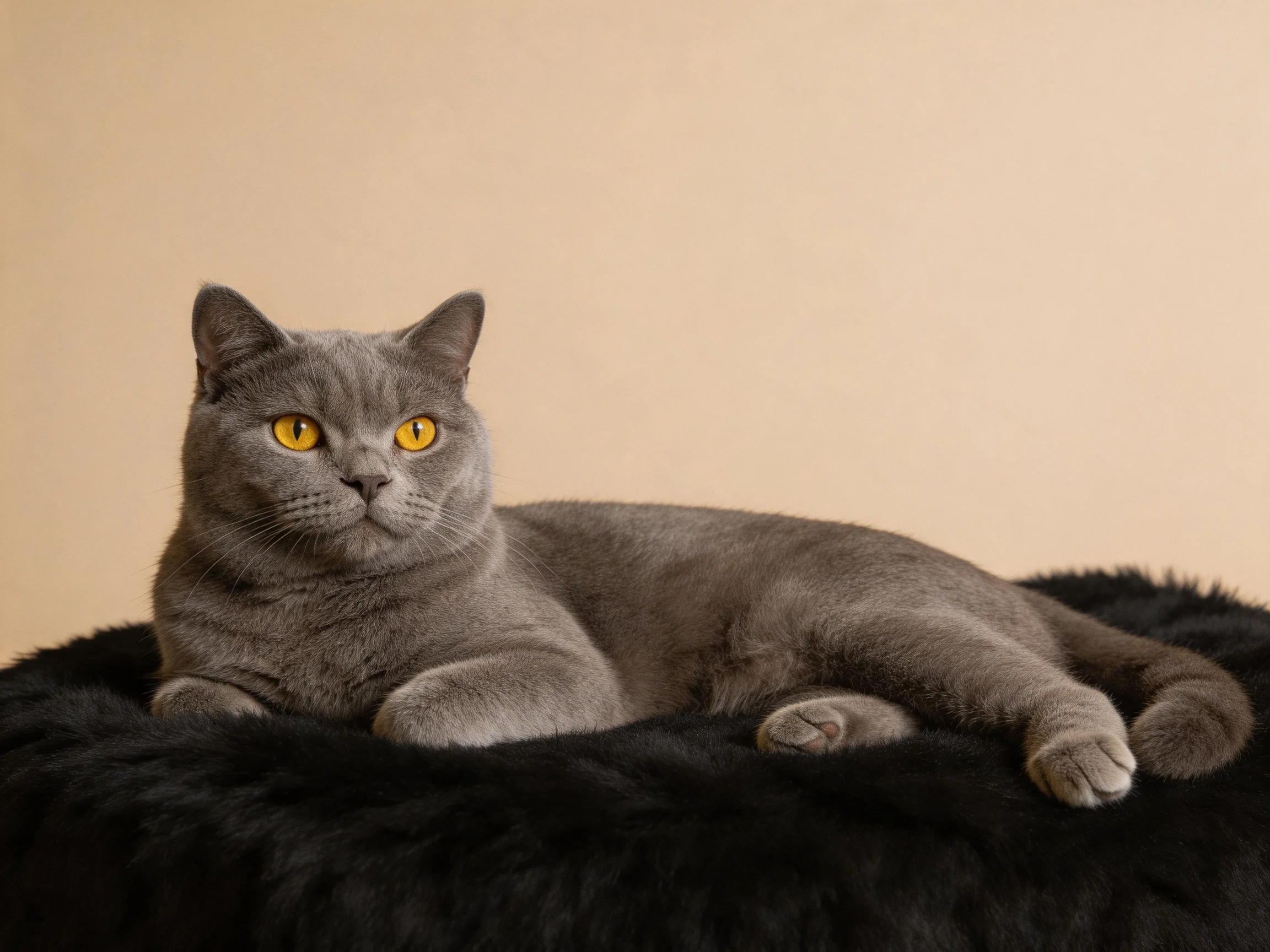 A gray cat with yellow eyes relaxes on a plush black bed