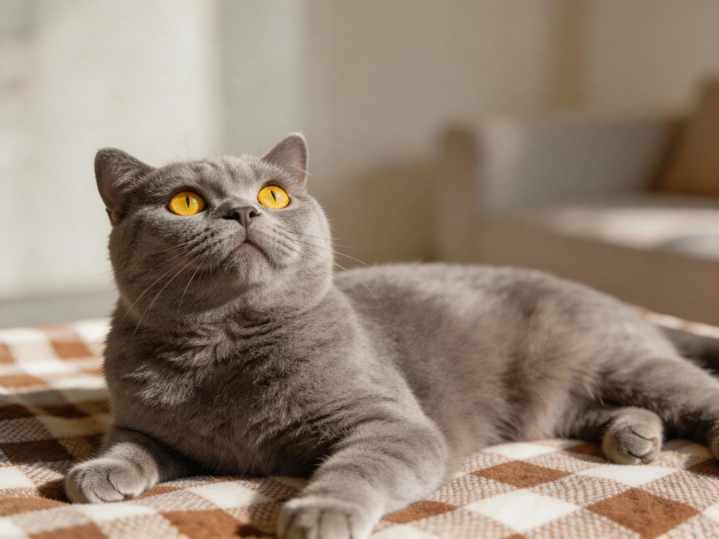 A gray cat with yellow eyes relaxes on a checkered blanket in a sunlit room.