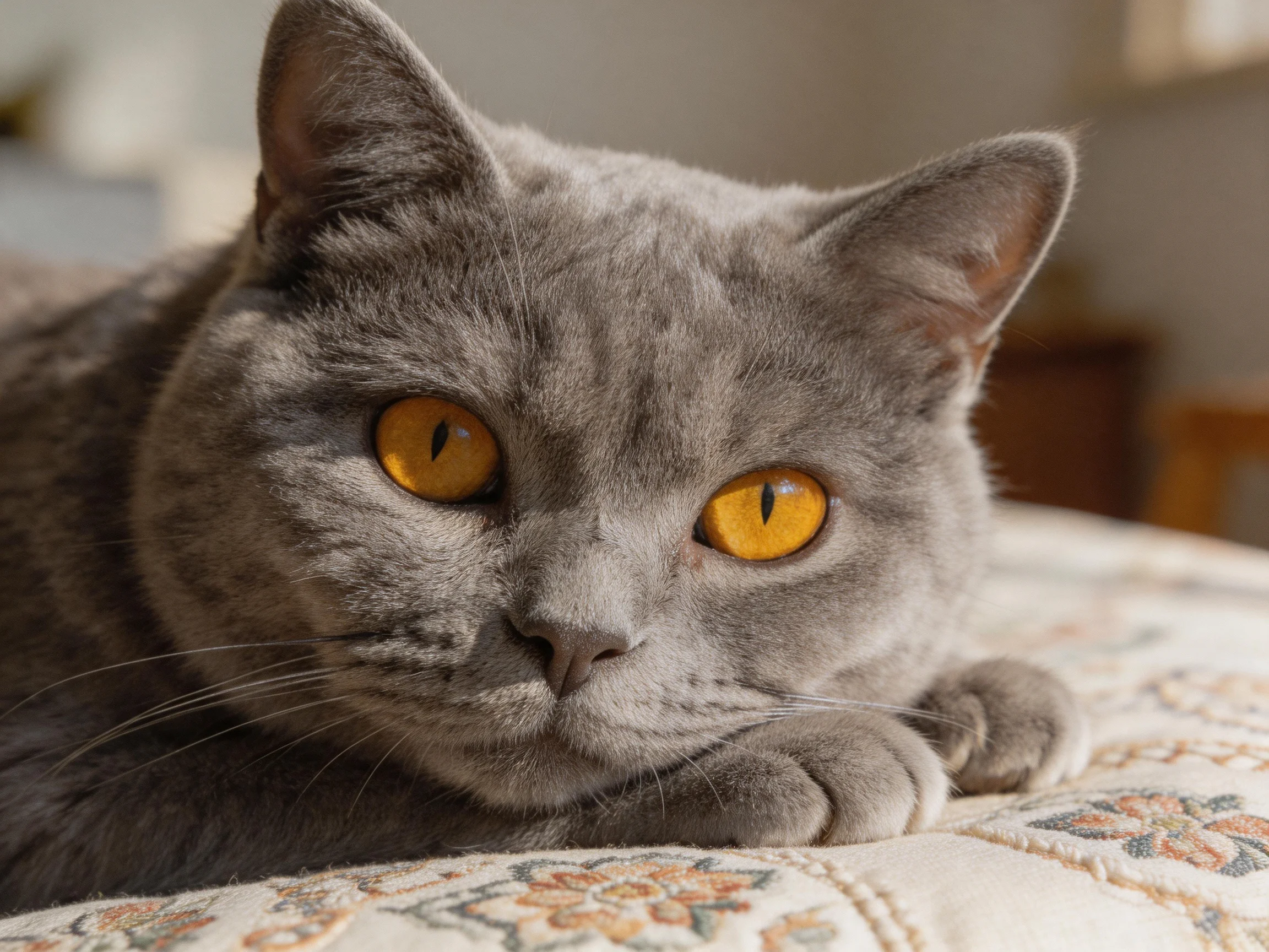 A gray cat with bright yellow eyes rests on a patterned fabric surface.
