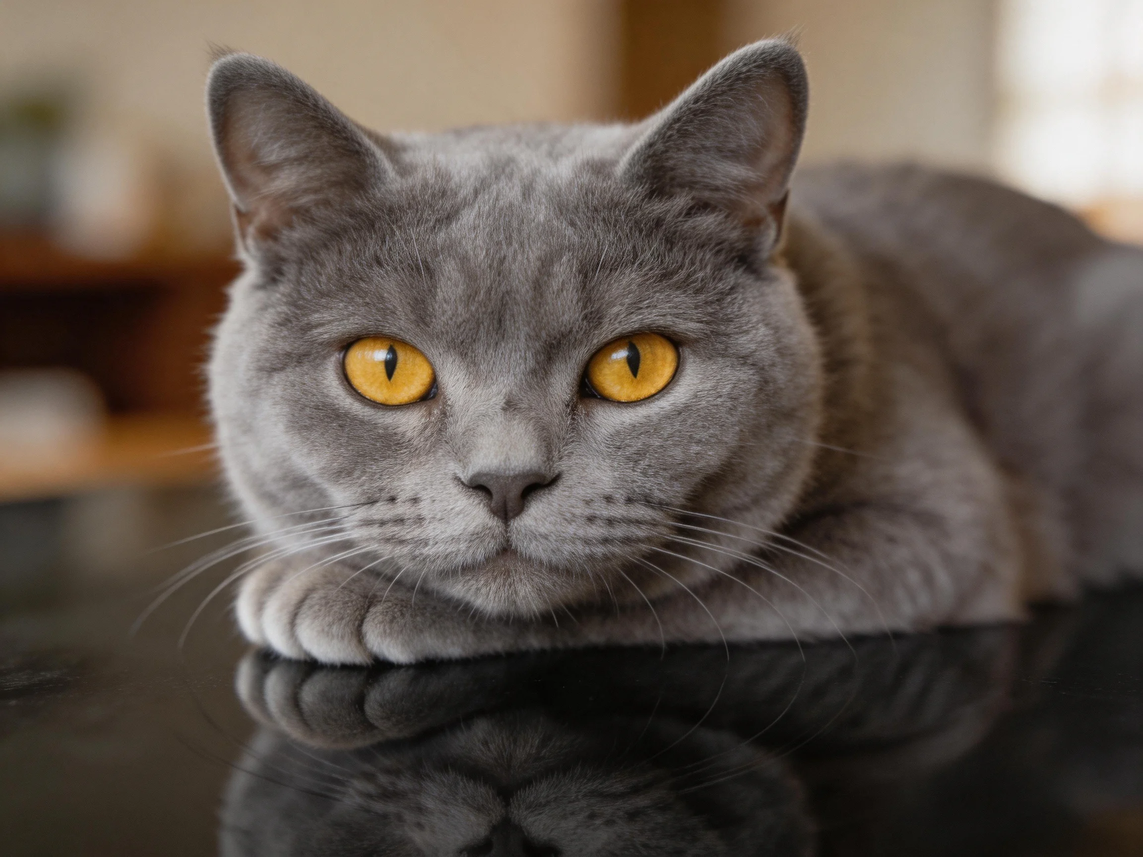 A gray cat with yellow eyes rests on a reflective surface.