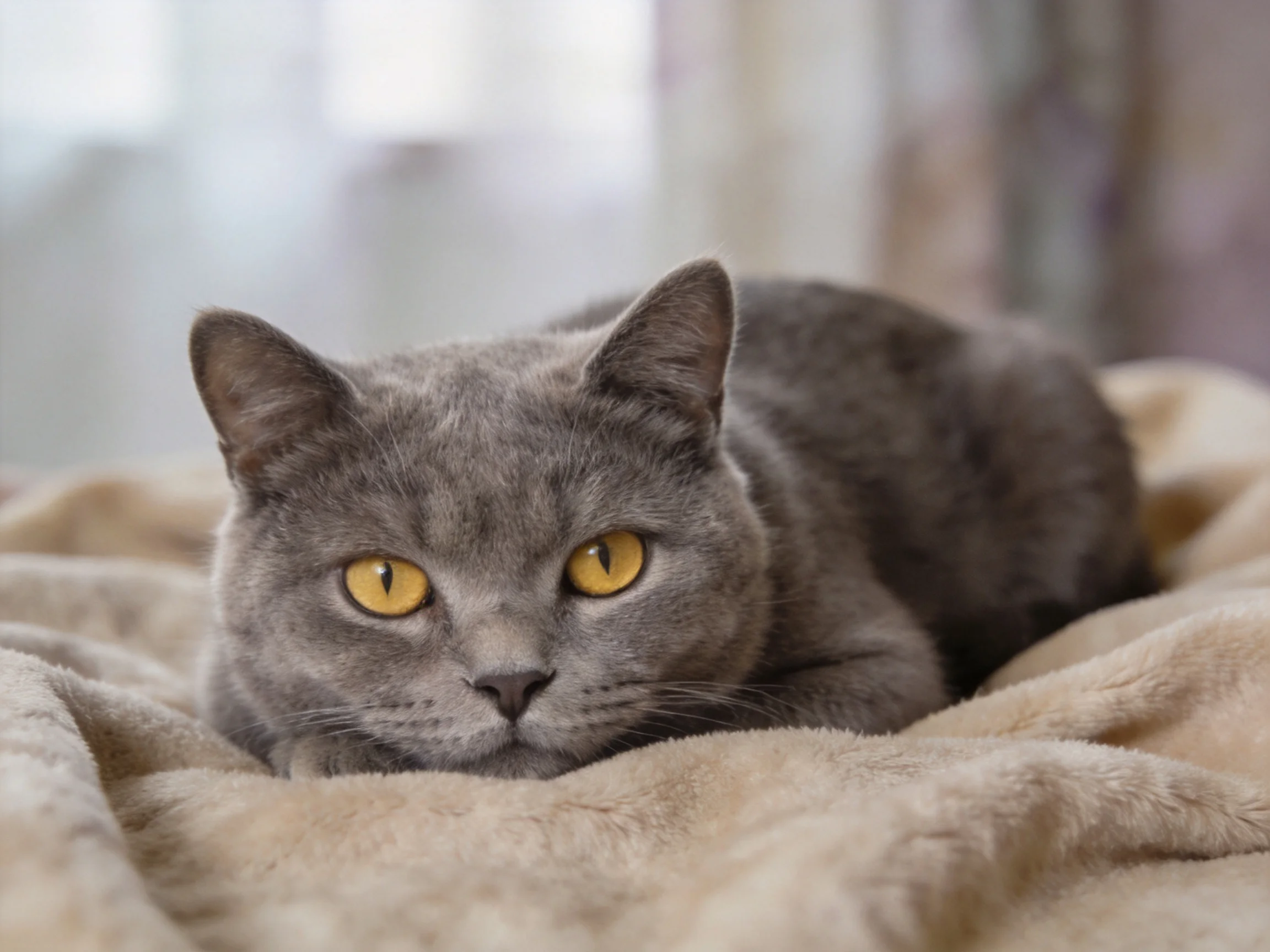 A gray cat with yelloweyes relaxes on a plush beige blanket.