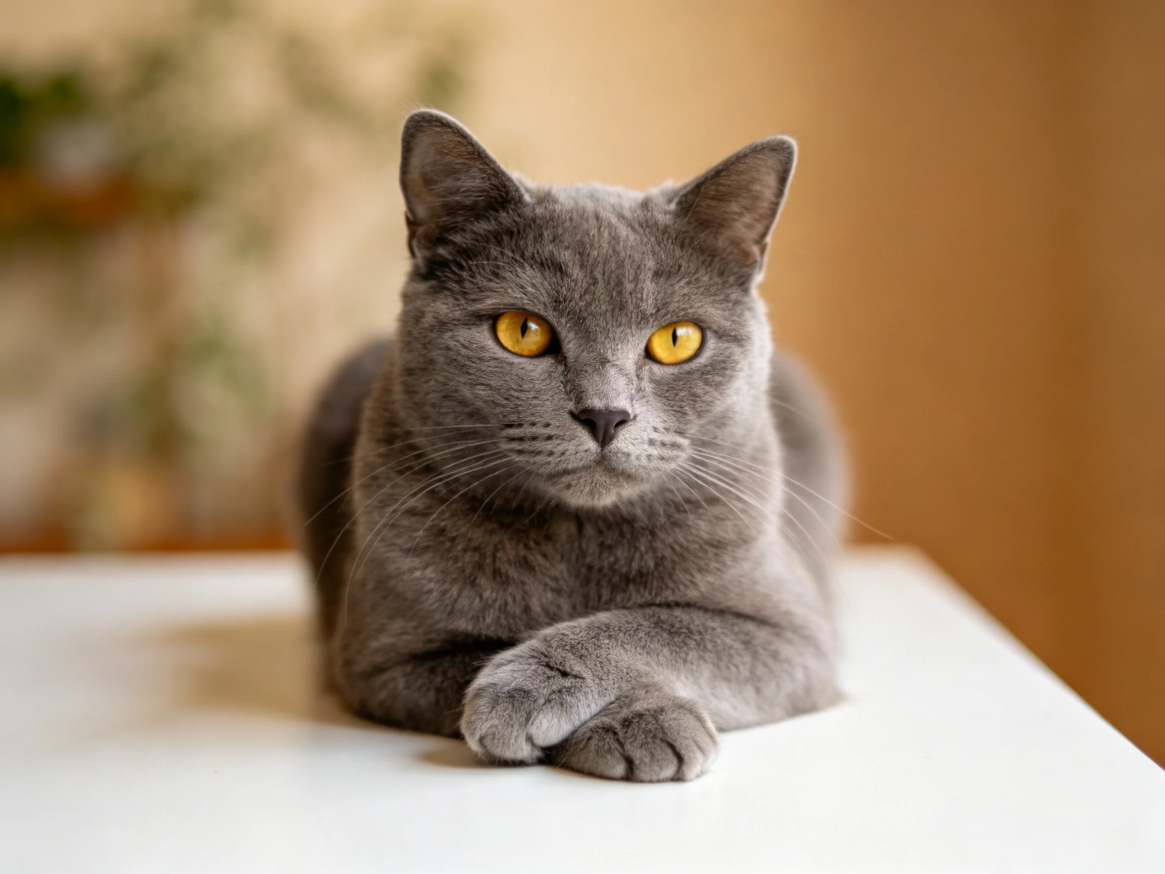 A gray cat with yellow eyes lies on a white surface