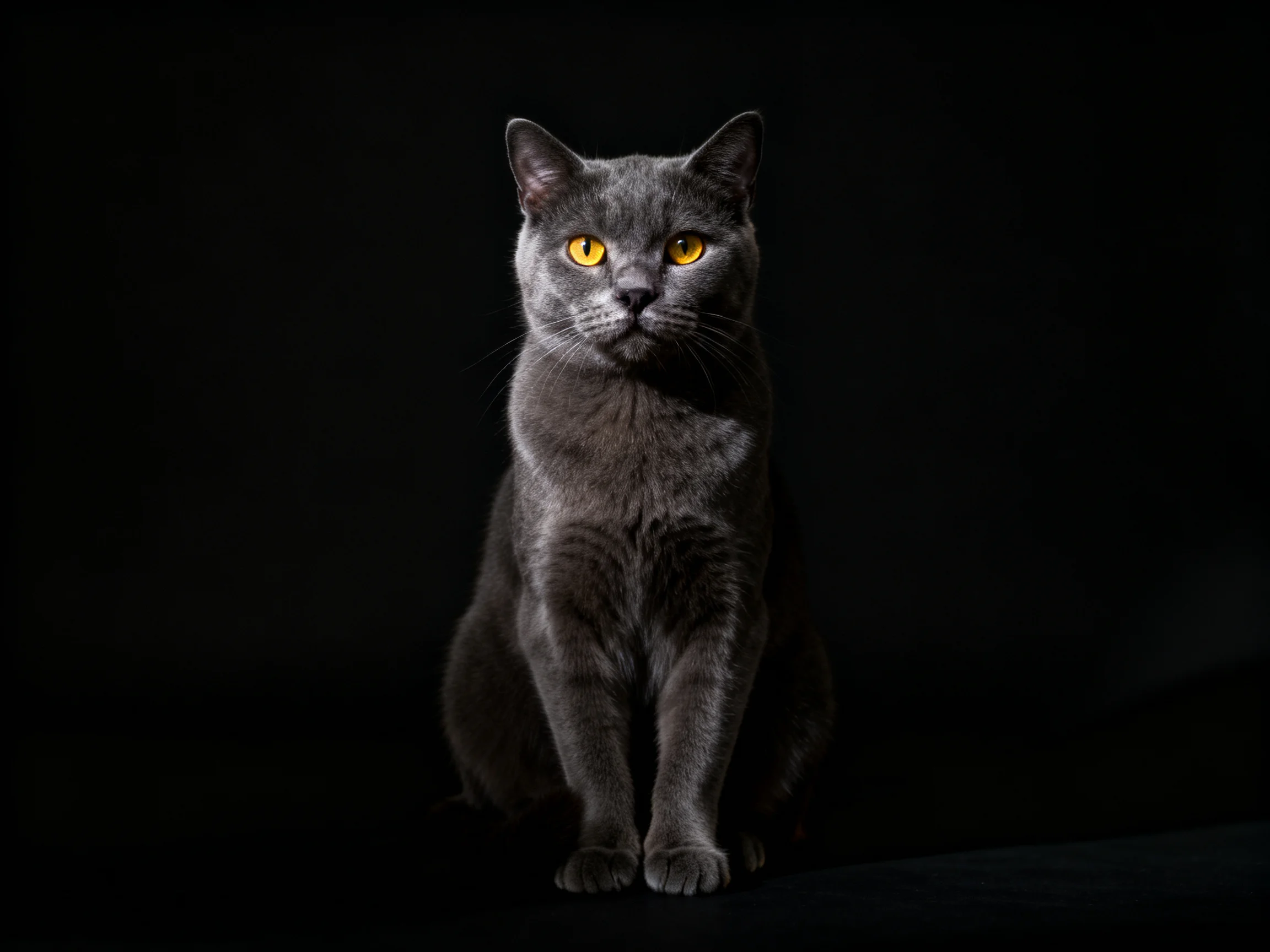 A gray cat with yellow eyes sits against a black background.