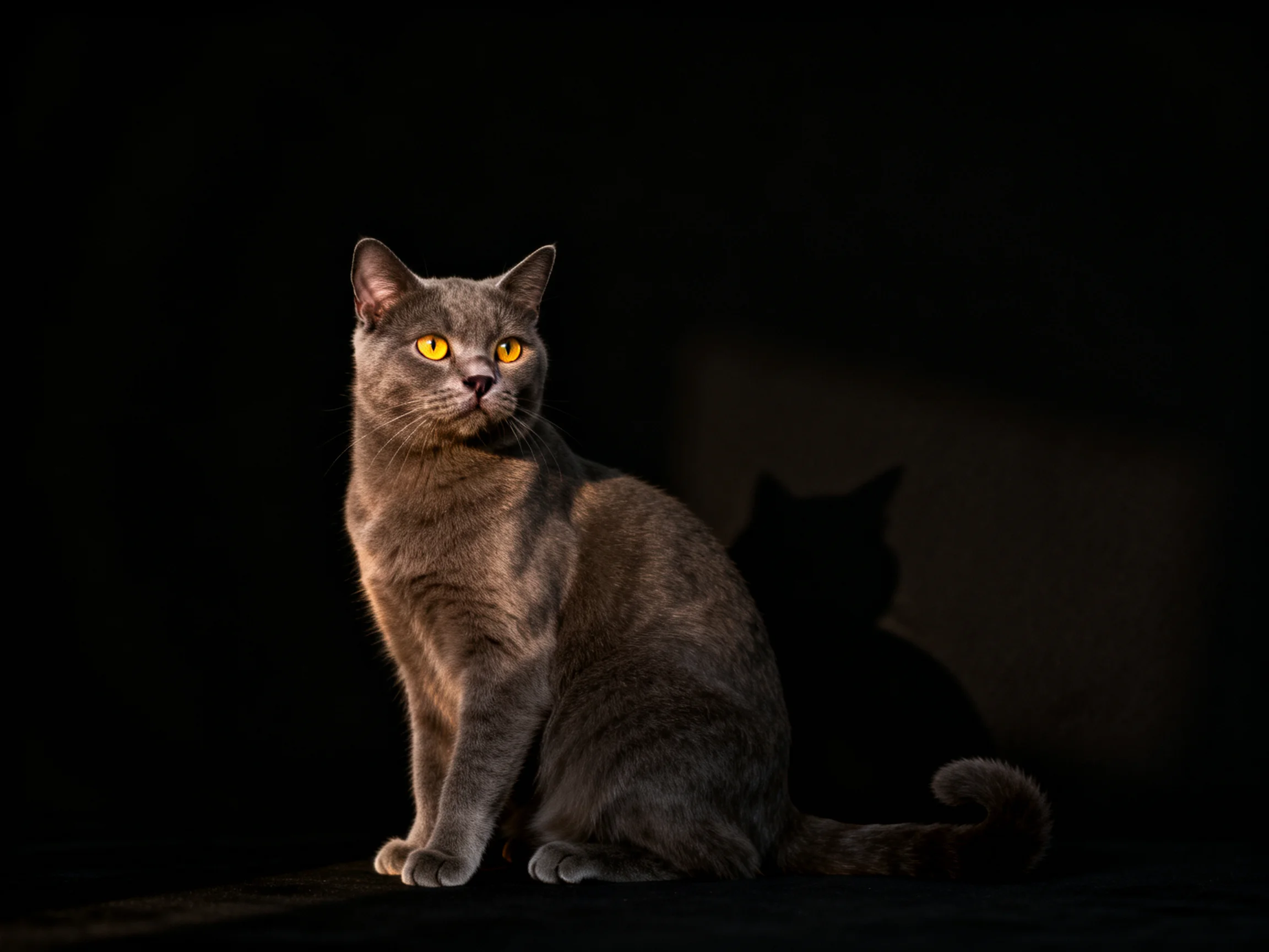A gray cat with glowing eyes sits in a dark environment.