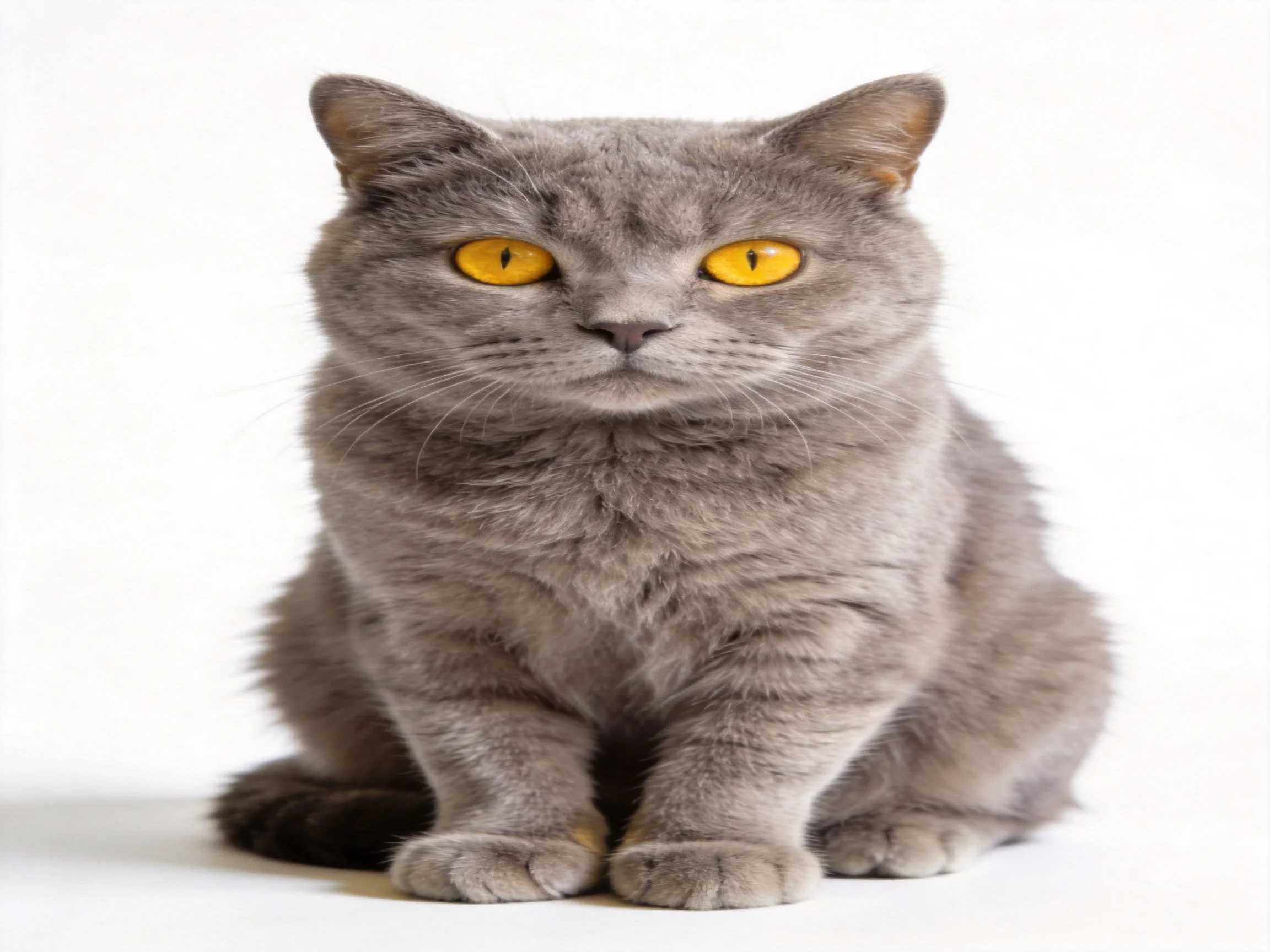 A gray cat with yellow eyes sits calmly on a white surface.